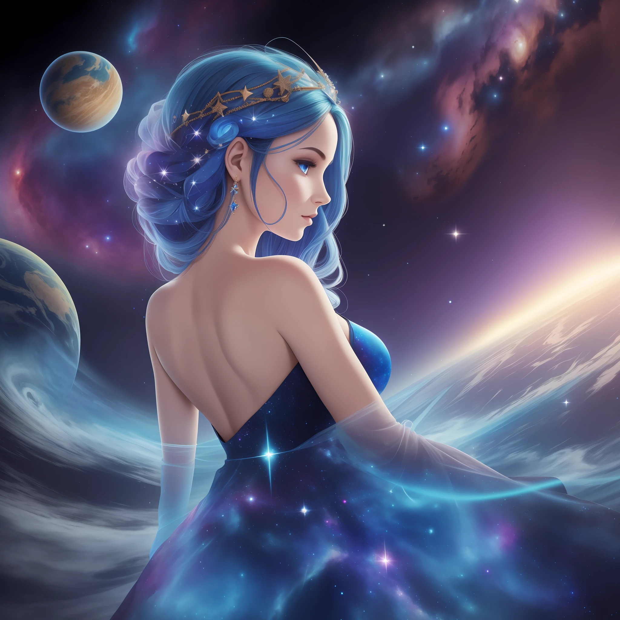The whole figure is a view from the back, the hem of the dress swirls into space, women in a dress with a blue dress, without a face, the back of the head, in full growth, in a dress of stars, in a cosmic dress, the goddess of space and time, the goddess of galaxies, dressed in stars and planets, astral dress, cosmic goddess, magic dress, in space, blue twisted dress, beautiful celestial magician, goddess of galactic size