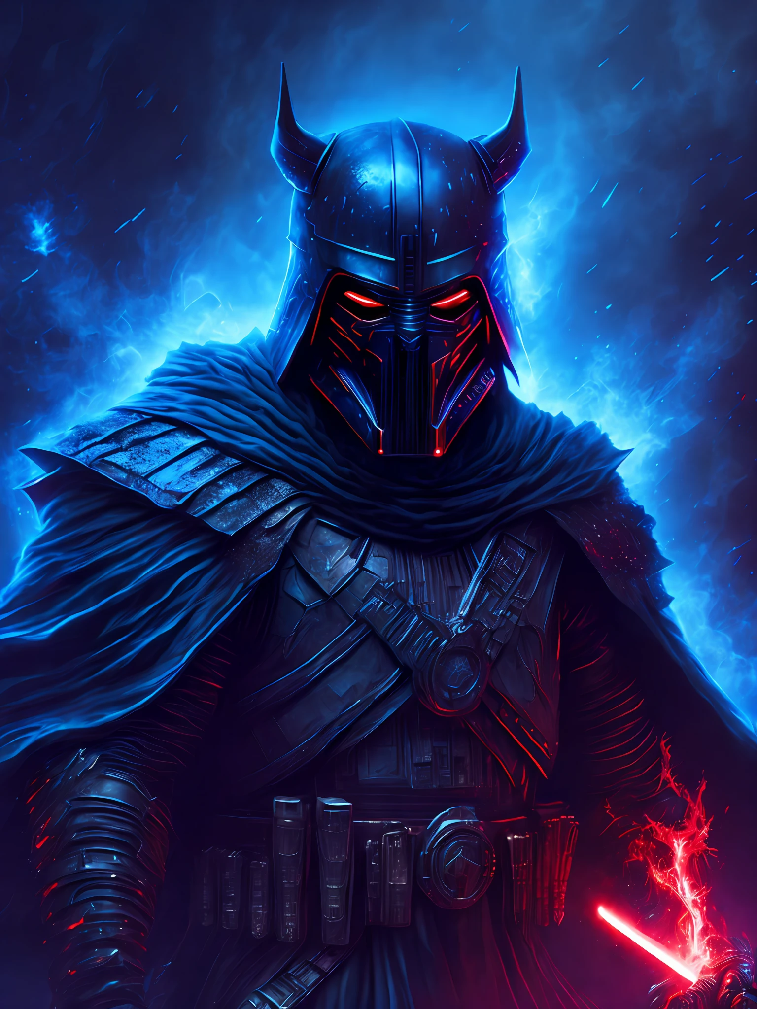 gloomy portrait of Darth Maul Horseman of the Apocalypse from Star Wars, extremely detailed, futuristic cityscape, nighttime, glowing neon lights, smoke, sparks, metal shavings, flying debris, blue energy effects, volumetric light