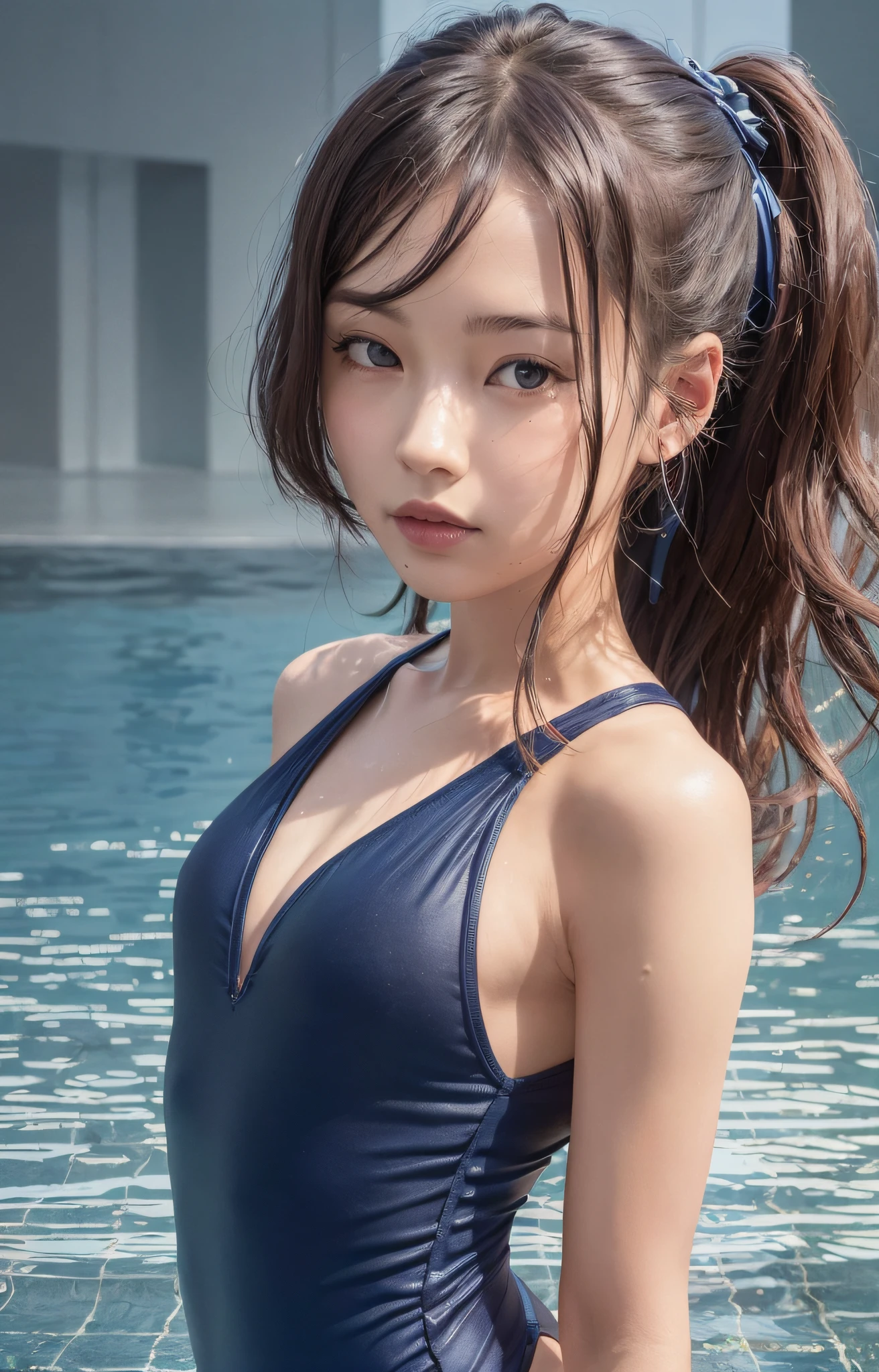 Smile,(Best Quality)++,(Masterpiece)++,(Ultra Detail)++,(Hi-Res)++,(8K Portrait)++,Production Art,(((Add Layer))),Full Body,((Dark Blue One Piece Swimsuit)),Sideways,Alone,Solo,Pool,Day,Blue Sky,Delicate Face,Looking Far Away,Brown Eyes,Small,Various Poses