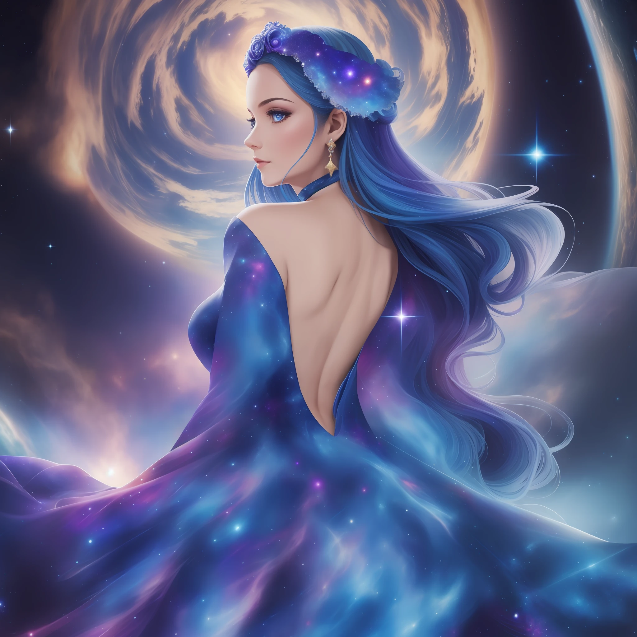 The whole figure is a view from the back, the hem of the dress swirls into space, women in a dress with a blue dress, without a face, the back of the head, full-length, in a dress of stars, a blonde in a cosmic dress, the goddess of space and time, the goddess of galaxies, dressed in stars and planets, astral dress, cosmic goddess, magic dress, in space, blue swirling dress, beautiful celestial magician, goddess of galactic size