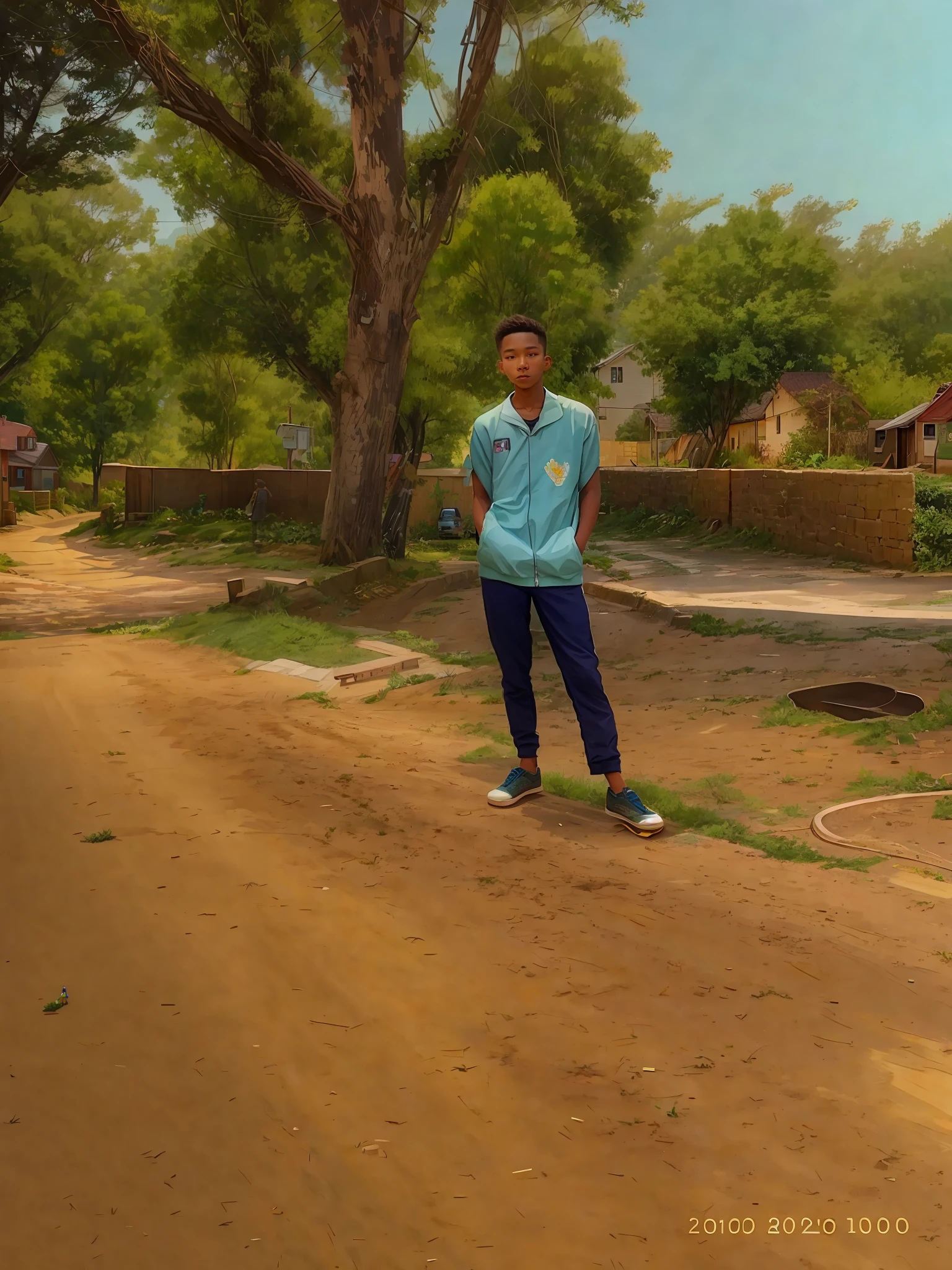 there is a man standing on a dirt road with a skateboard, standing in township street, standing in a township street, very very low quality picture, standing in road, around 1 9 years old, in a village, with village, distant full body view, very artistic pose, photo taken in 2 0 2 0, stylish pose, full body photogenic shot, standing in street