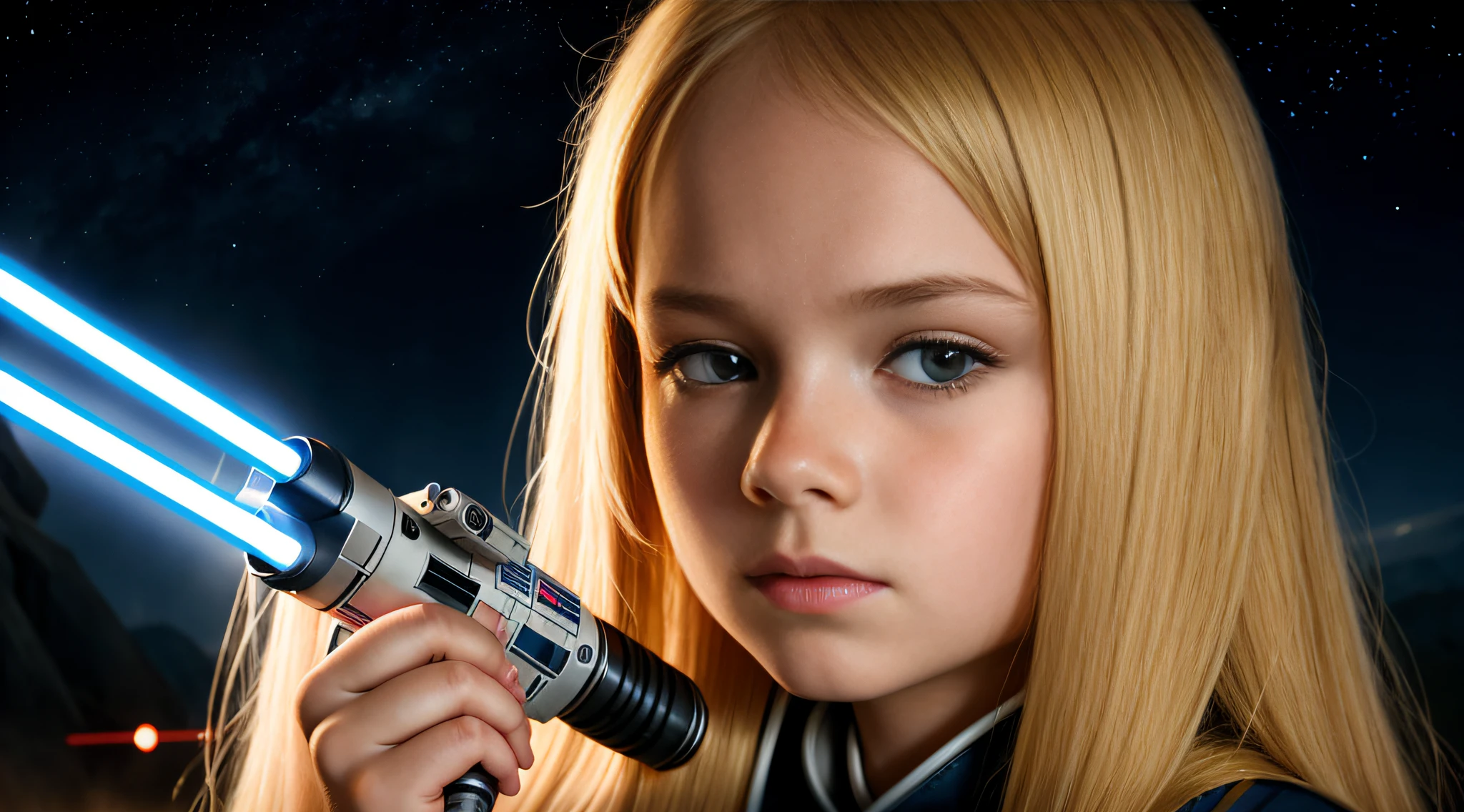 GIRL CHILD , blonde straight hair very long, PORTRAIT STYLE, CLOSE UP, STAR WARS MOVIE STILL, STAR WARS MOVIE SCREENSHOT, STAR WARS MOVIE STILL, STAR WARS MOVIE STILL, 4K HQ WALLPAPER, STAR WARS MOVIE, HOLDING 4k lightsaber, still star wars, hd star wars photo.