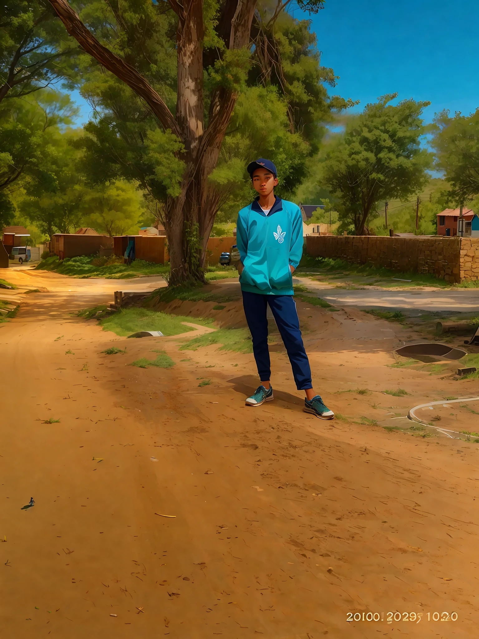 there is a man standing on a dirt road with a skateboard, standing in township street, standing in a township street, very very low quality picture, standing in road, around 1 9 , in a village, with village, distant full body view, very artistic pose, photo taken in 2 0 2 0, stylish pose, full body photogenic shot, standing in street