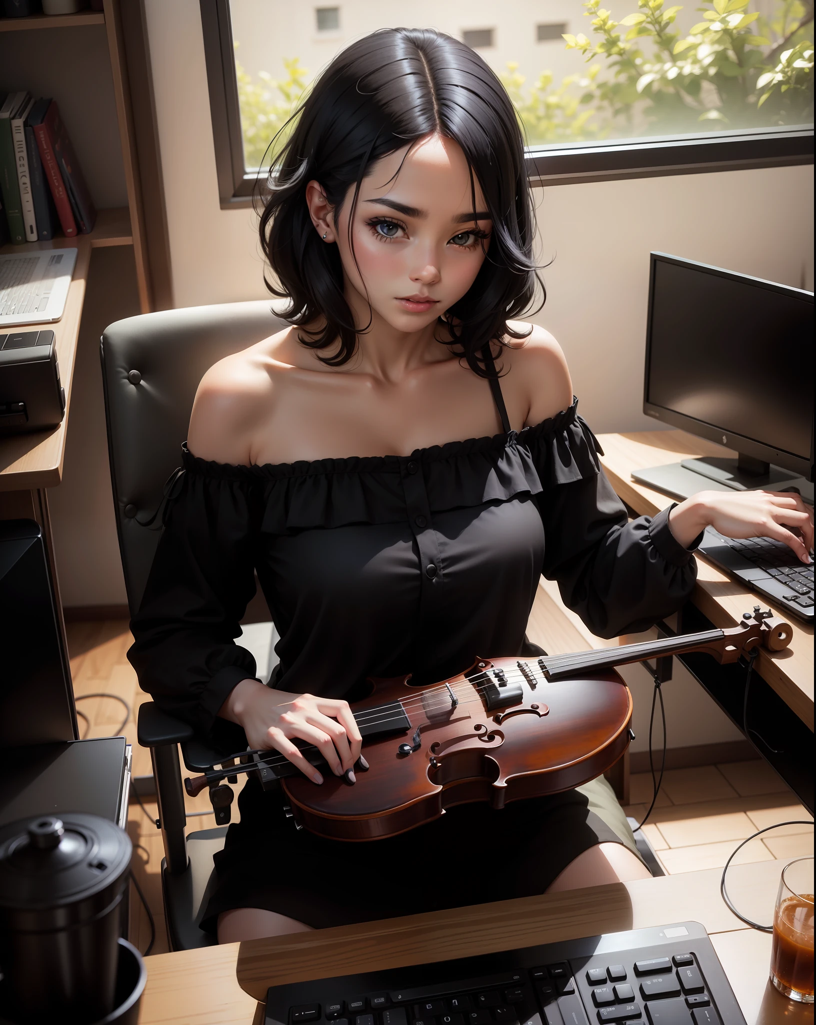 Sitting fiddling with the computer with black hair