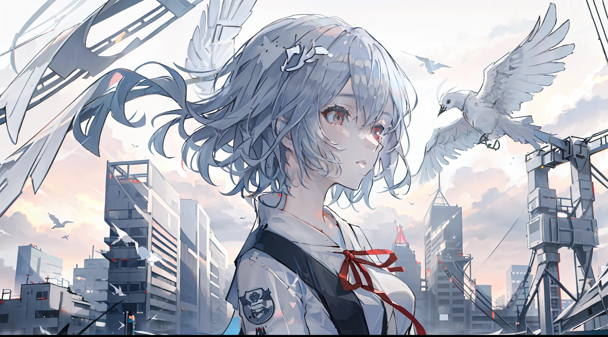 best quality,highly detailed,masterpiece,ultra-detailed,solo,1girl,(white background:1.5),(Delicate eyes),ayanami_rei,building, bird, city, ribbon, outdoors, skyscraper, red_ribbon, neck_ribbon, utility_pole, solo, short_hair, power_lines, grey_sky, cloud, rain, sky, scenery, overcast, airplane, bag, cityscape, jacket, cloudy_sky, road, aircraft, ruins, lamppost, school_uniform,blue hair,