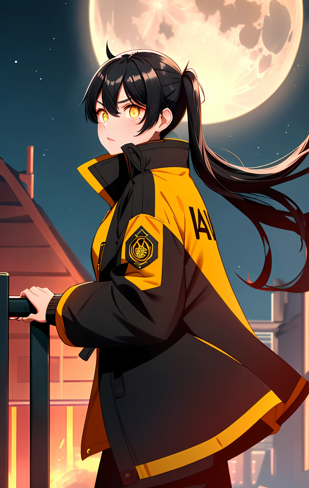 Tamaki \(fire force\), 1girl, bangs, black hair, colored tips, close up, from side, yellow eyes, jacket, long sleeves, looking at viewer, long hair, moon, black hair, parted bangs, parted lips, black hair, portrait, red eyeliner, red lips, solo, white jacket, full body, standing