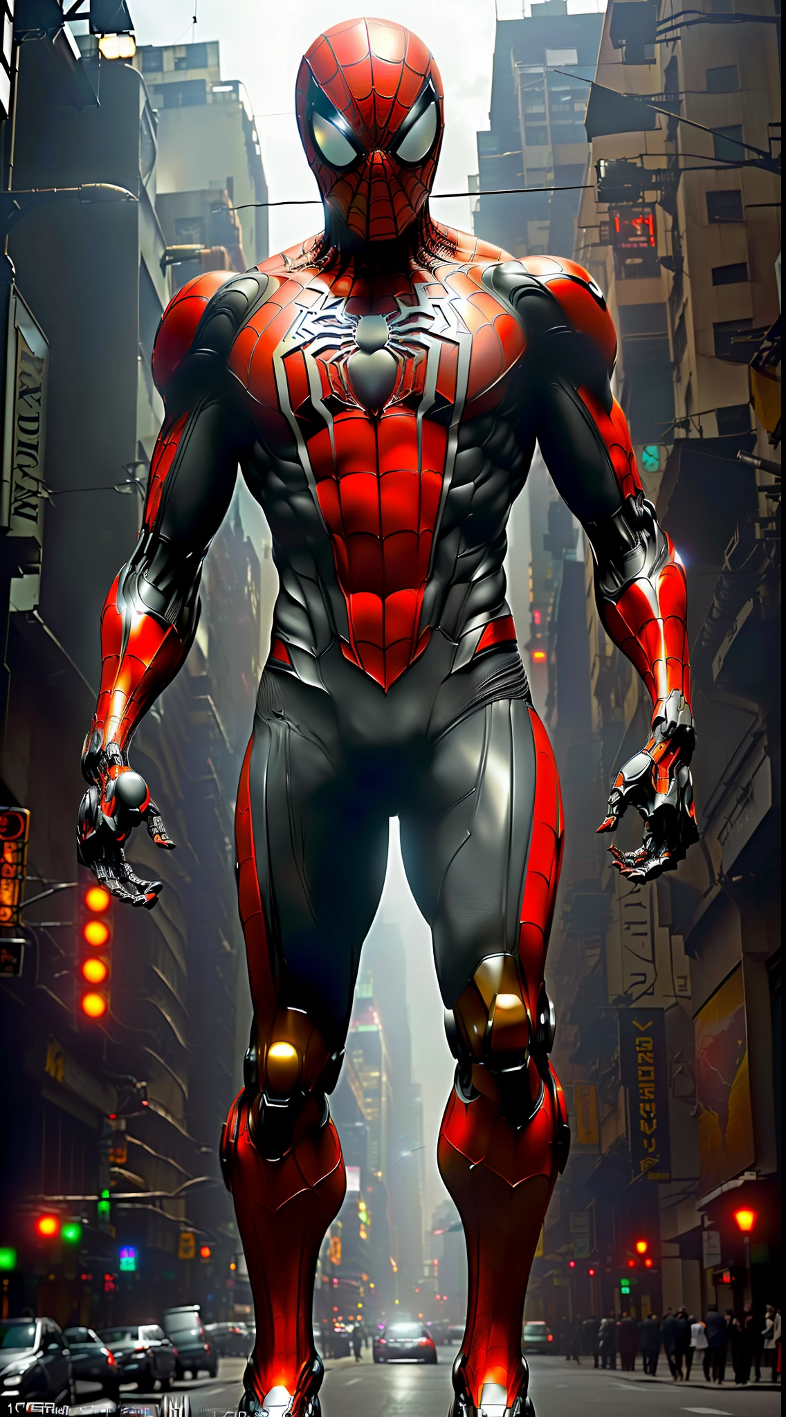 a photograph of spider man 2099, biomechanical, complex robot, full body, hyper realistic, insane fine details, Extremely sharp lines, cyberpunk aesthetic, a masterpiece, featured on zbrush central