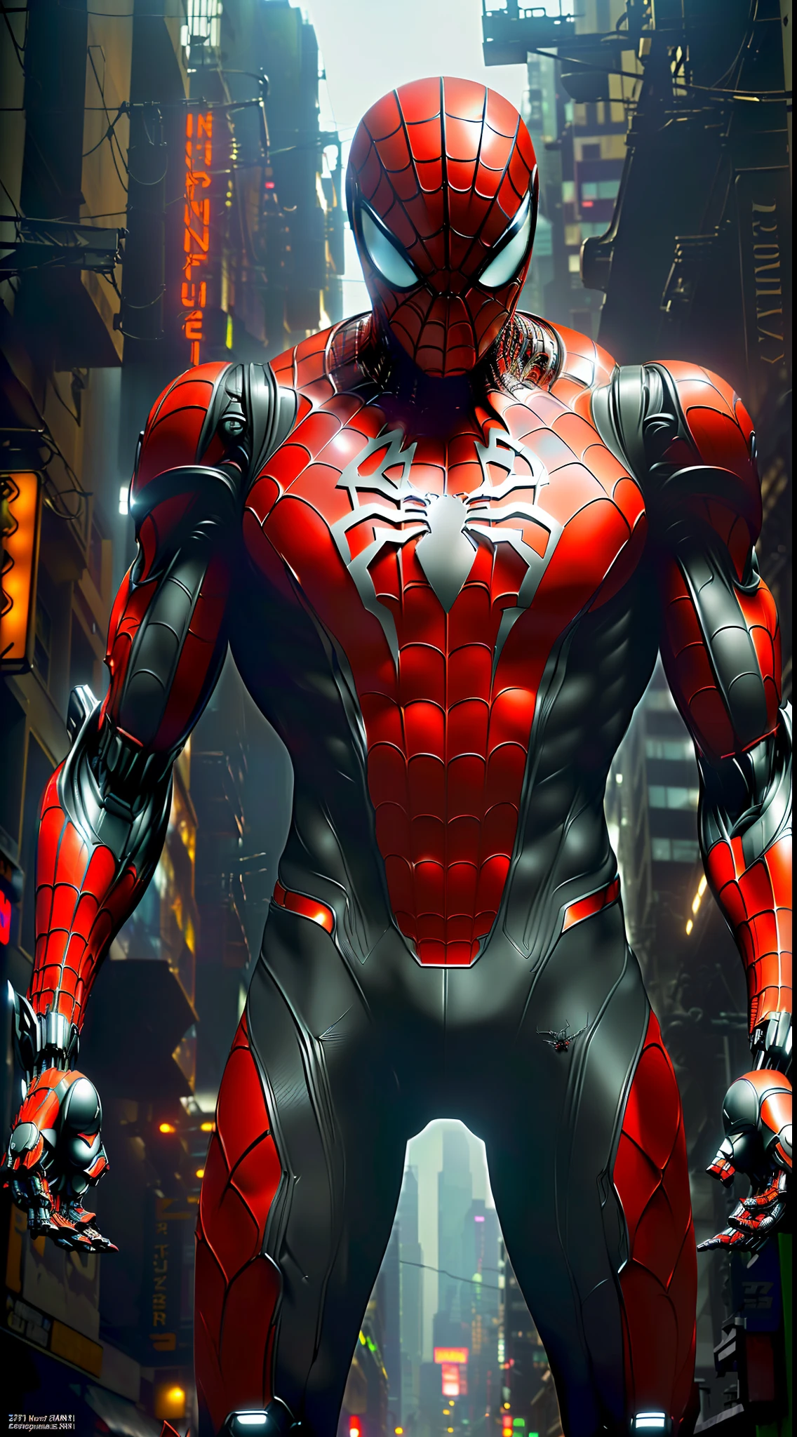 a photograph of spider man 2099, biomechanical, complex robot, full body, hyper realistic, insane fine details, Extremely sharp lines, cyberpunk aesthetic, a masterpiece, featured on zbrush central