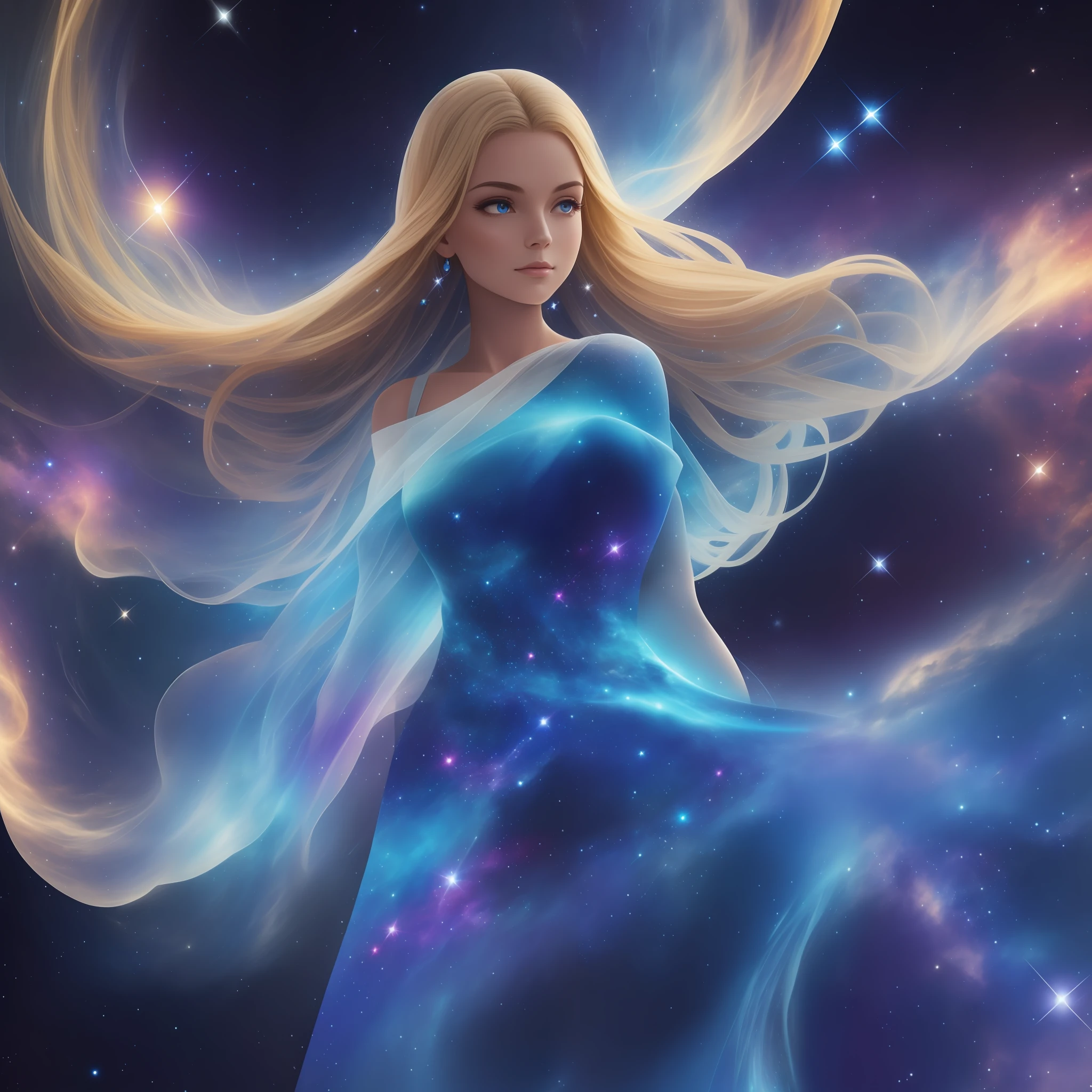 The figure of the whole dress dissolves into space, the view from the back of a woman in a dress with a blue dress, without a face, the back of the head, full-length, in a dress of stars, a blonde in a space dress, the goddess of space and time, the goddess of galaxies, dressed in stars and planets, astral dress, cosmic goddess, magic dress, in space, blue twisted dress, beautiful celestial magician, goddess of galactic size