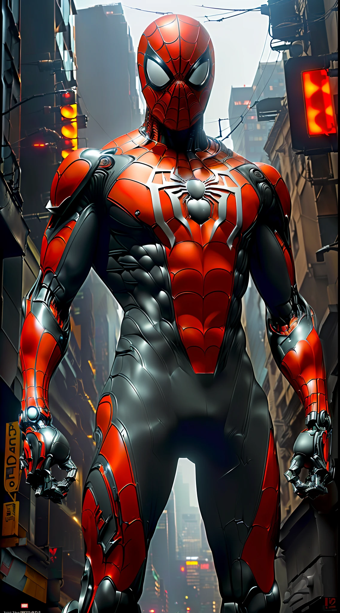 a photograph of spider man 2099, biomechanical, complex robot, full body, hyper realistic, insane fine details, Extremely sharp lines, cyberpunk aesthetic, a masterpiece, featured on zbrush central