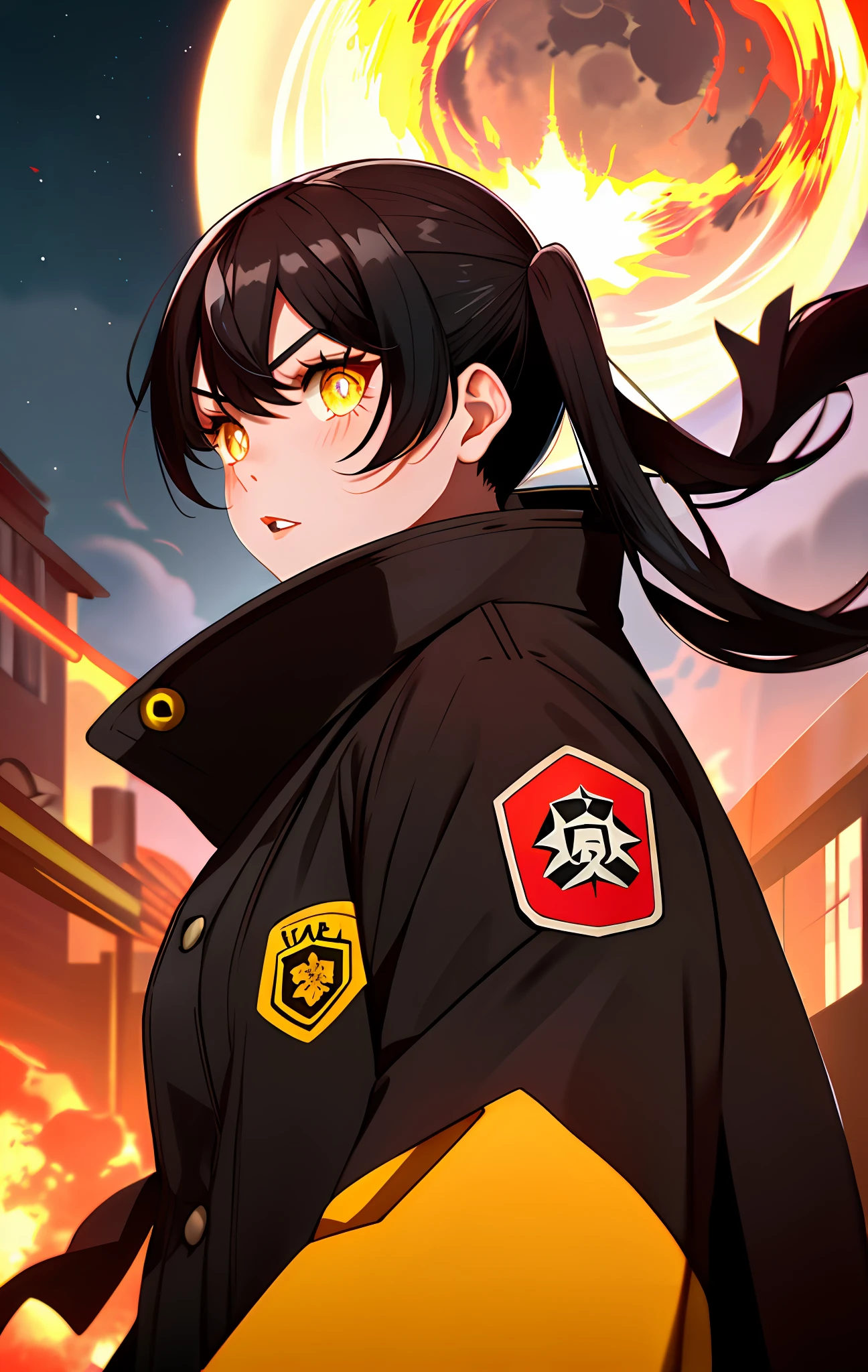 Tamaki \(fire force\), 1girl, bangs, black hair, colored tips, close up, from side, yellow eyes, jacket, long sleeves, looking at viewer, long hair, moon, black hair, parted bangs, parted lips, black hair, portrait, red eyeliner, red lips, solo, white jacket, full body, standing