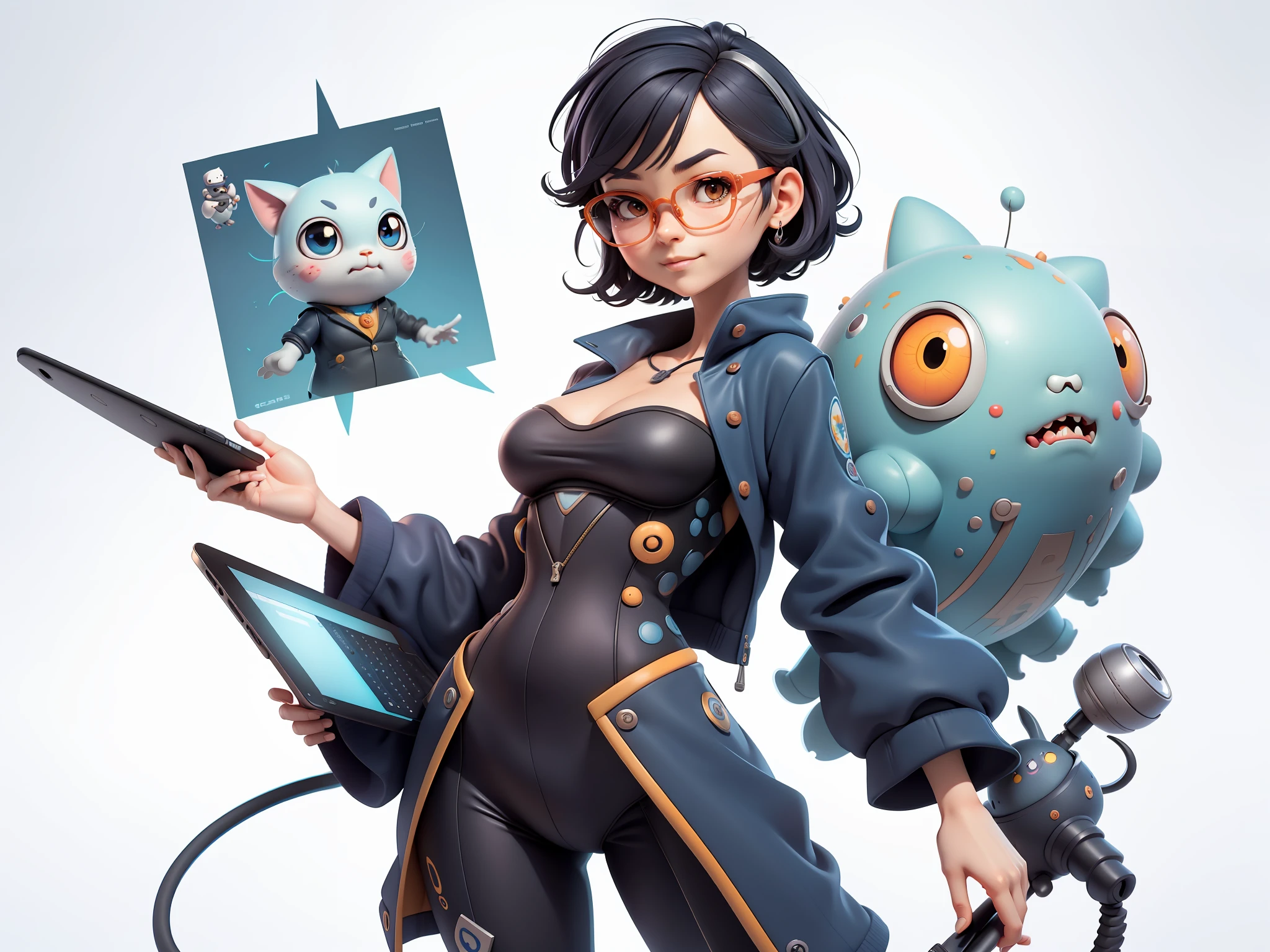 (Masterpiece), (Excellent), (Super Meticulous), (Full Body: 1.2), Super Young Woman, Beautiful, Sexy, Bursting, Oriental Face, TV Anchor, Bust Portrait Illustration, Alone, Black Suit, Blue Tie, Silver Glasses, Slightly Chubby Face, Very Clean Face, No Beard, Black Super Short Hair, Black Eyes, Confident Smile, 3c Computer Sub-Products, iPad, iPhone, Digital Painting, 3D Character Design by Mark Claireldon and Pixar and Hayao Miyazaki, The illustration is a high-definition illustration in 4K resolution with very detailed facial features and cartoon-style visuals.