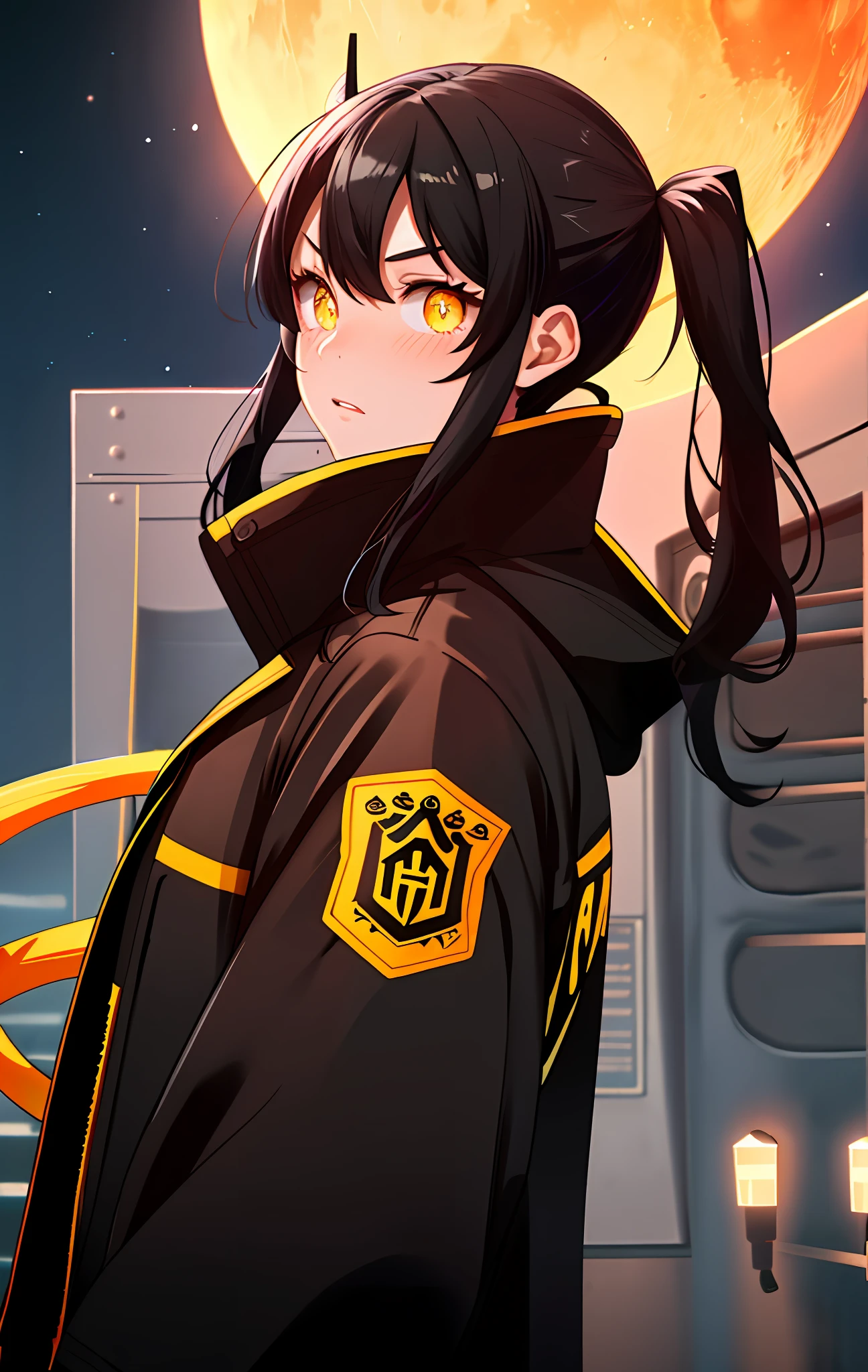 Tamaki \(fire force\), 1girl, bangs, black hair, colored tips, close up, from side, yellow eyes, jacket, long sleeves, looking at viewer, long hair, moon, black hair, parted bangs, parted lips, black hair, portrait, red eyeliner, red lips, solo, white jacket, full body, standing