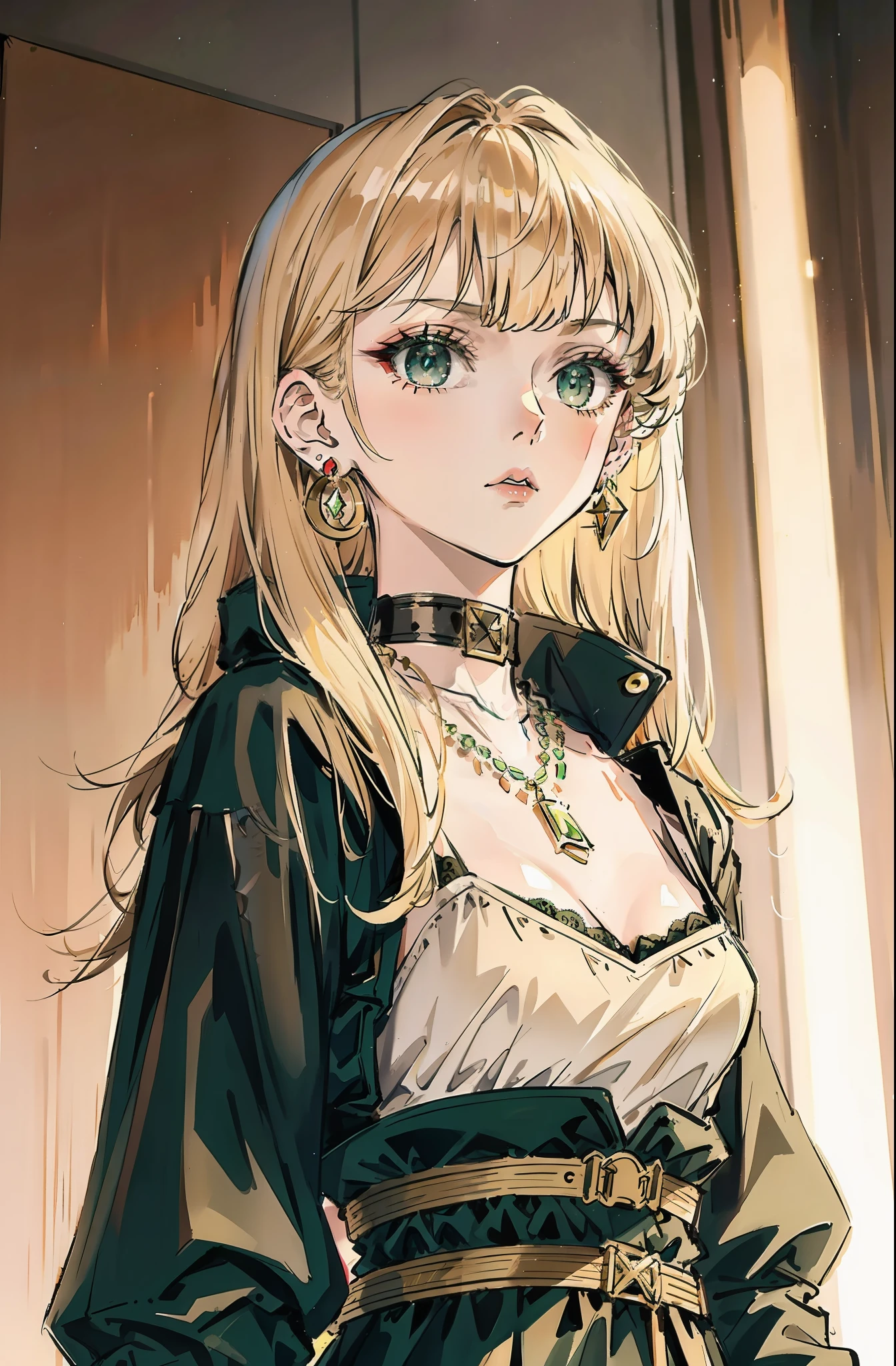 a beautiful and cute girl with a menacing glare, 1girl, jewelry, earrings,, solo, long hair, blonde beige hair, messy hair, long hair bangs, green beautiful eyes, beautiful detailed eyes, looking at viewer, expressionless, closed mouth, necklace, choker, portrait, bangs, black jacket, upper body,bad-girl, small breasts, backlight, beautiful lightning