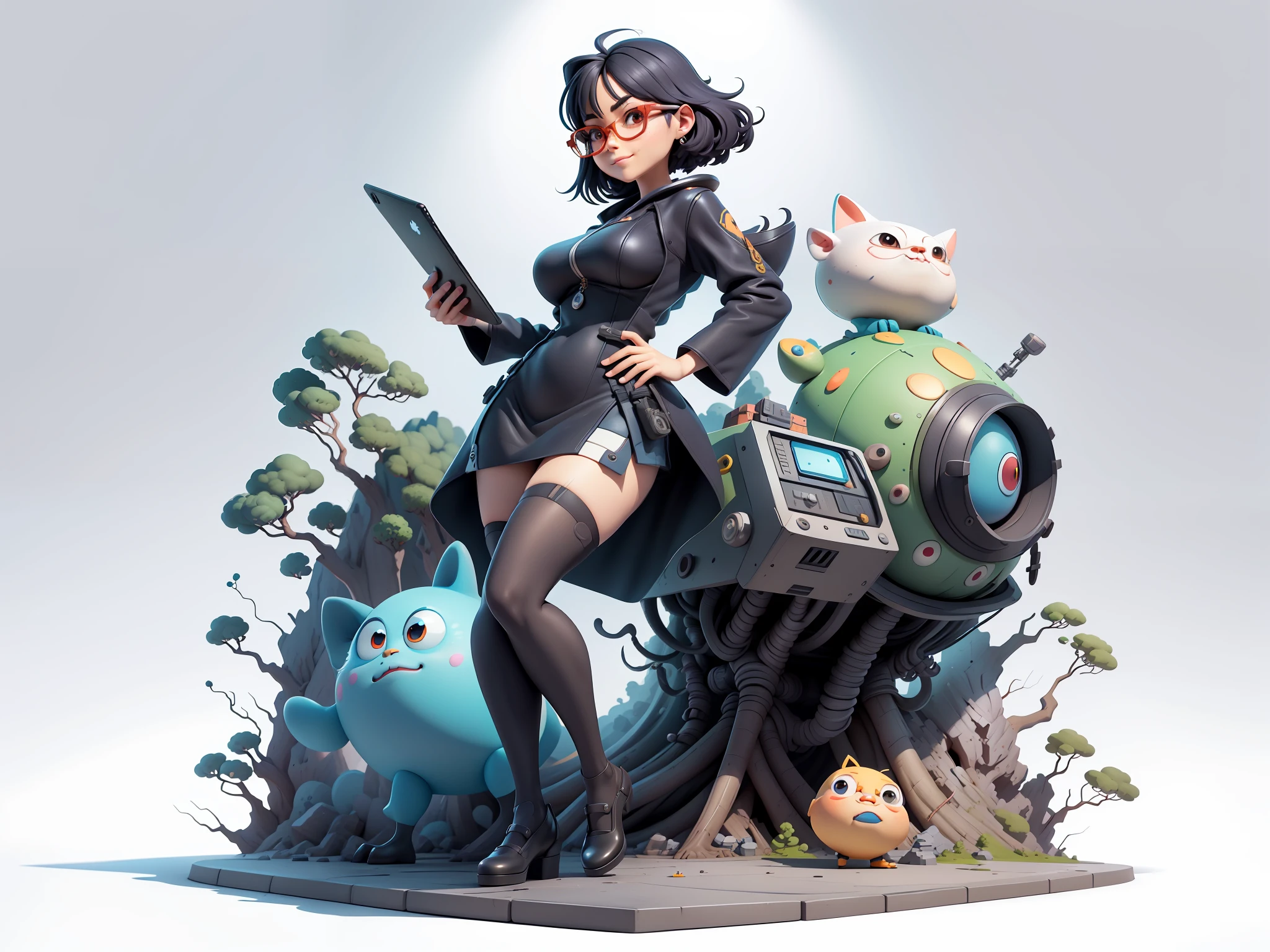 (Masterpiece), (Excellent), (Super Meticulous), (Full Body: 1.2), Super Young Woman, Beautiful, Sexy, Bursting, Oriental Face, TV Anchor, Bust Portrait Illustration, Alone, Black Suit, Blue Tie, Silver Glasses, Slightly Chubby Face, Very Clean Face, No Beard, Black Super Short Hair, Black Eyes, Confident Smile, 3c Computer Sub-Products, iPad, iPhone, Digital Painting, 3D Character Design by Mark Claireldon and Pixar and Hayao Miyazaki, The illustration is a high-definition illustration in 4K resolution with very detailed facial features and cartoon-style visuals.