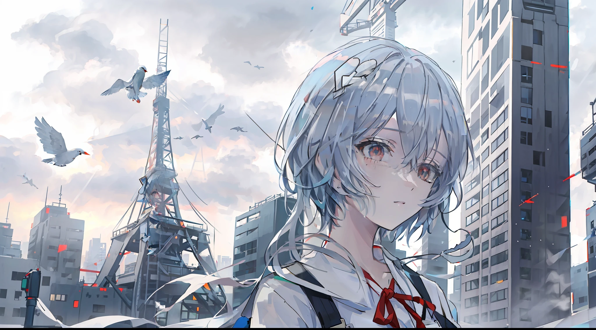 best quality,highly detailed,masterpiece,ultra-detailed,solo,1girl,(white background:1.5),(Delicate eyes),ayanami_rei,building, bird, city, ribbon, outdoors, skyscraper, red_ribbon, neck_ribbon, utility_pole, solo, short_hair, power_lines, grey_sky, cloud, rain, sky, scenery, overcast, airplane, bag, cityscape, jacket, cloudy_sky, road, aircraft, ruins, lamppost, school_uniform,blue hair,