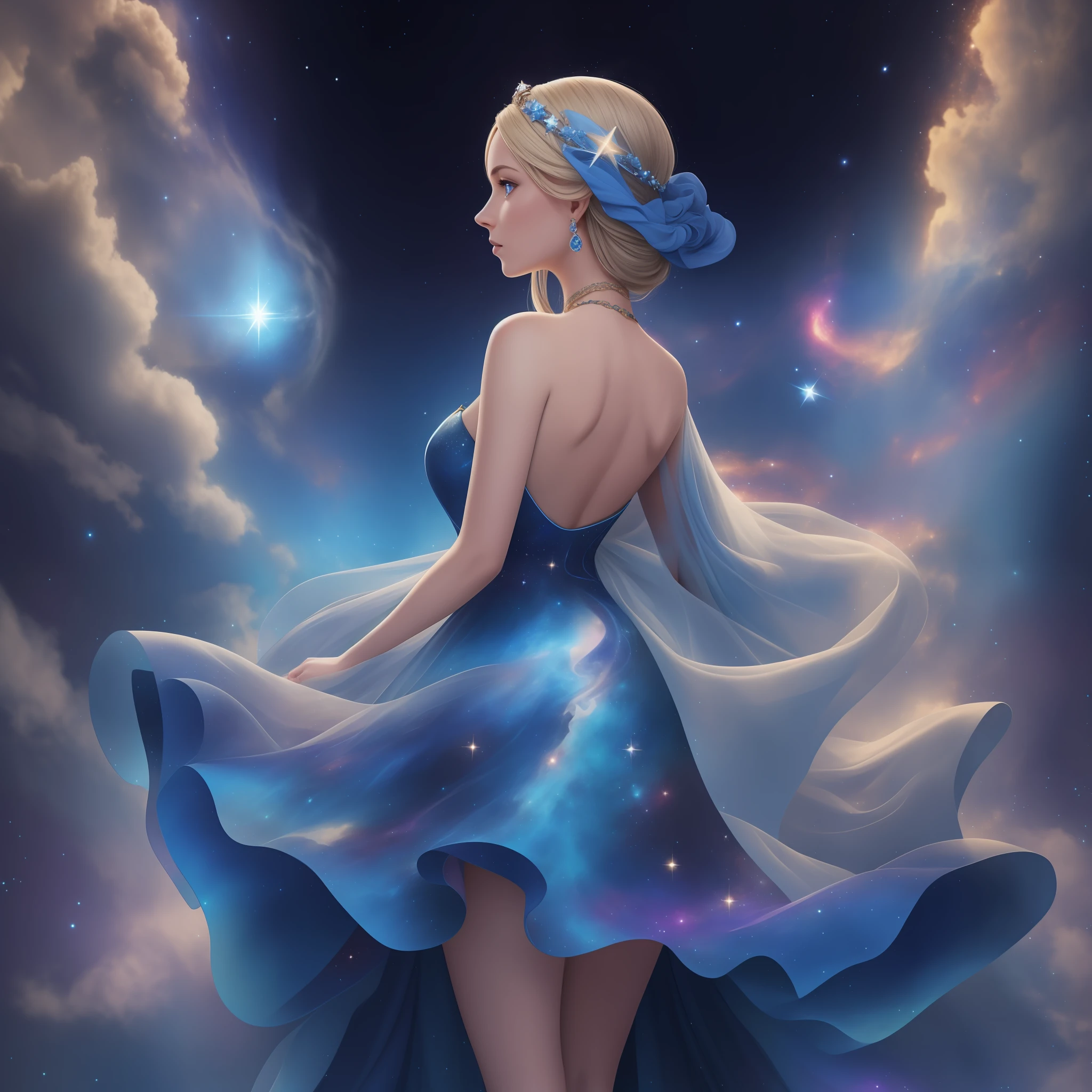 The whole figure is a view from the back of a woman in a dress with a blue dress, without a face, the back of the head, full-length, in a dress of stars, a blonde in a space dress, a goddess of space and time, a goddess of galaxies dressed in stars and planets, astral dress, a cosmic goddess, a magic dress, in space, a blue twisted dress, a beautiful celestial magician, a goddess of galactic size