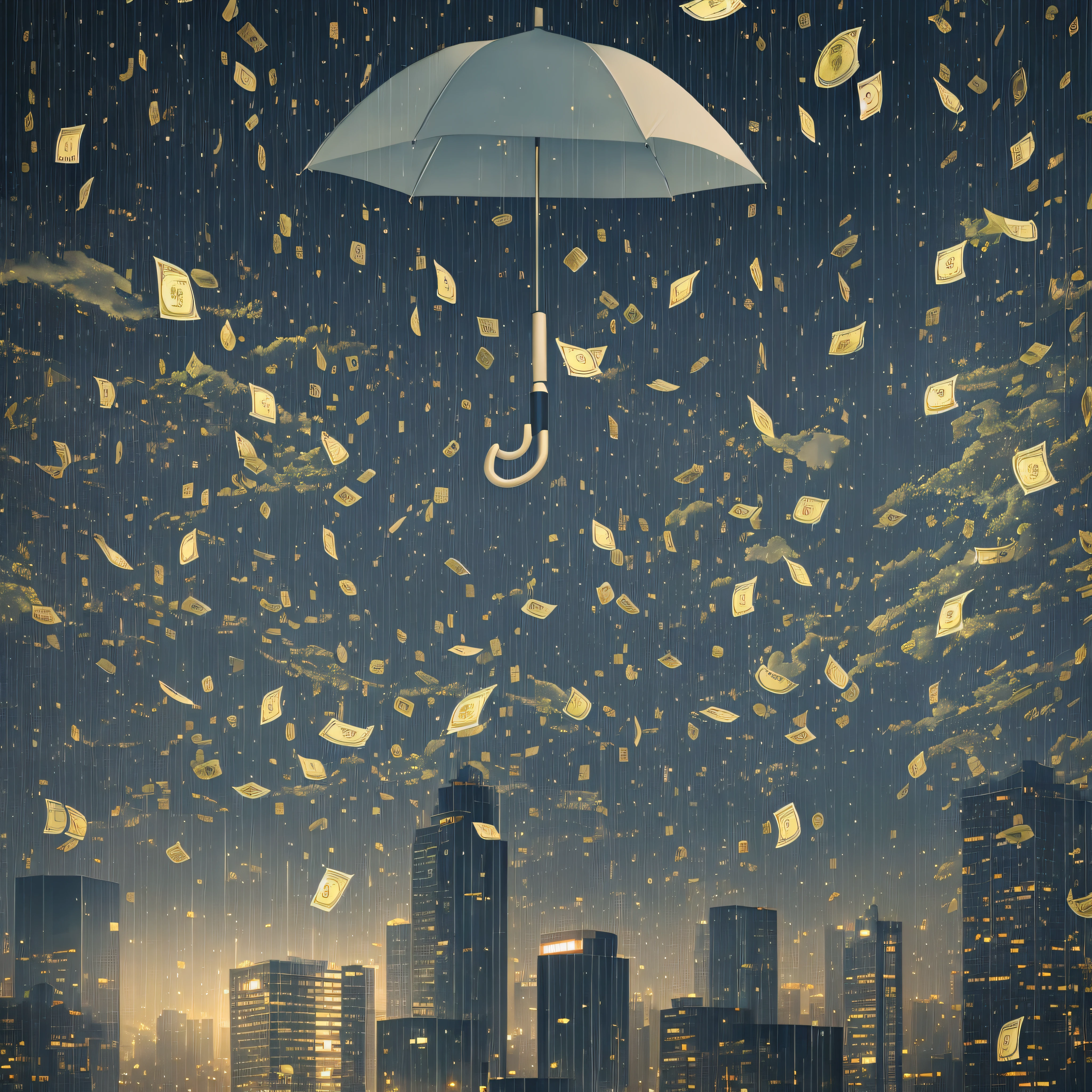 A cloud and a shower of money falling on top of an umbrella one night in an illuminated city. It's all hyper realistic --auto --s2