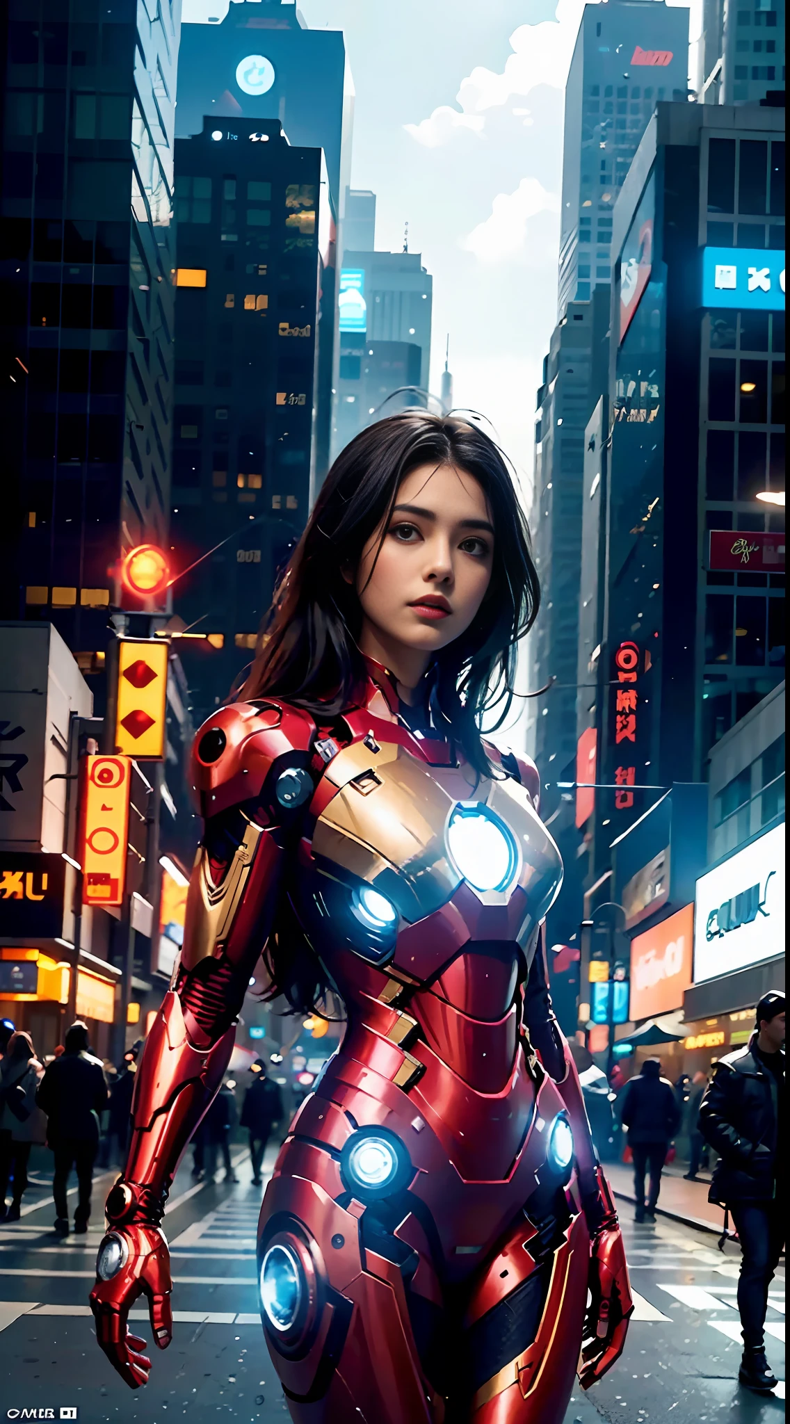 8k, realistic, attractive, highly detailed, a 20 year old girl a sexy and attractive woman inspired by Iron Man wearing a shiny Iron Man mech. She dresses with sexiness and confidence, perfectly interpreting Iron Man&#39;s strength and charisma. In a cyberpunk-style city night scene, a sexy and attractive woman takes Iron Man&#39;s cosplay as the theme. Wearing a shiny Iron Man mech, she stands on a street lined with tall buildings. The night lights of the city are bright, reflecting on her mecha, adding a sense of future technology. The surrounding buildings and streets are full of cyberpunk elements, such as neon lights, high-tech devices and futuristic architectural designs. The whole scene is full of futuristic and sci-fi atmosphere. This high-definition, high-quality picture will bring you stunning visual enjoyment, a perfect combination of sexy, futuristic and sci-fi elements. oc rendering, dramatic lighting, award winning quality