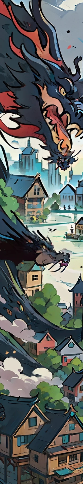 Black dragon destroying a village