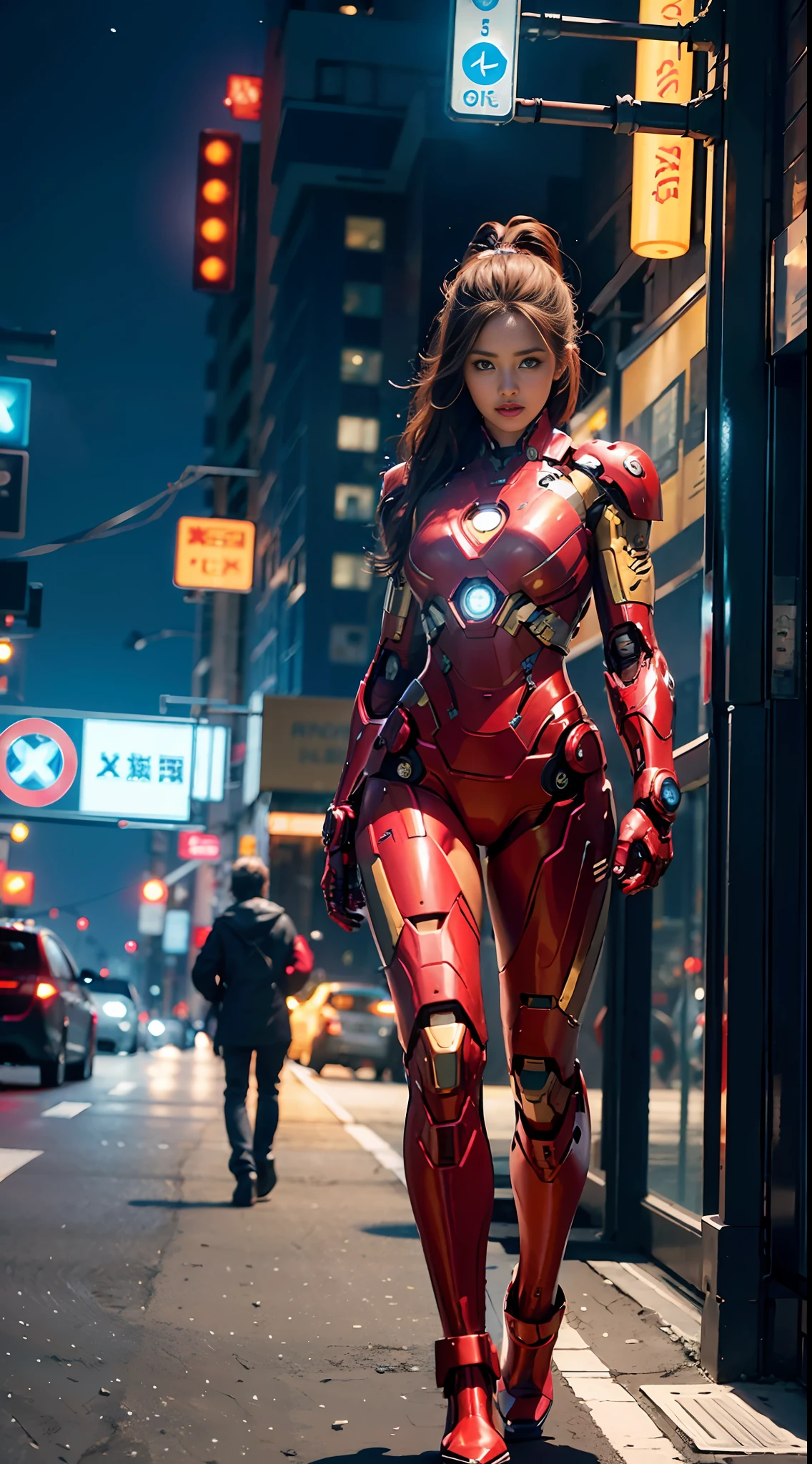 8k, realistic, attractive, highly detailed, a 20 year old girl a sexy and attractive woman inspired by Iron Man wearing a shiny Iron Man mech. She dresses with sexiness and confidence, perfectly interpreting Iron Man's strength and charisma. In a cyberpunk-style city night scene, a sexy and attractive woman takes Iron Man's cosplay as the theme. Wearing a shiny Iron Man mech, she stands on a street lined with tall buildings. The night lights of the city are bright, reflecting on her mecha, adding a sense of future technology. The surrounding buildings and streets are full of cyberpunk elements, such as neon lights, high-tech devices and futuristic architectural designs. The whole scene is full of futuristic and sci-fi atmosphere. This high-definition, high-quality picture will bring you stunning visual enjoyment, a perfect combination of sexy, futuristic and sci-fi elements. oc rendering, dramatic lighting, award winning quality