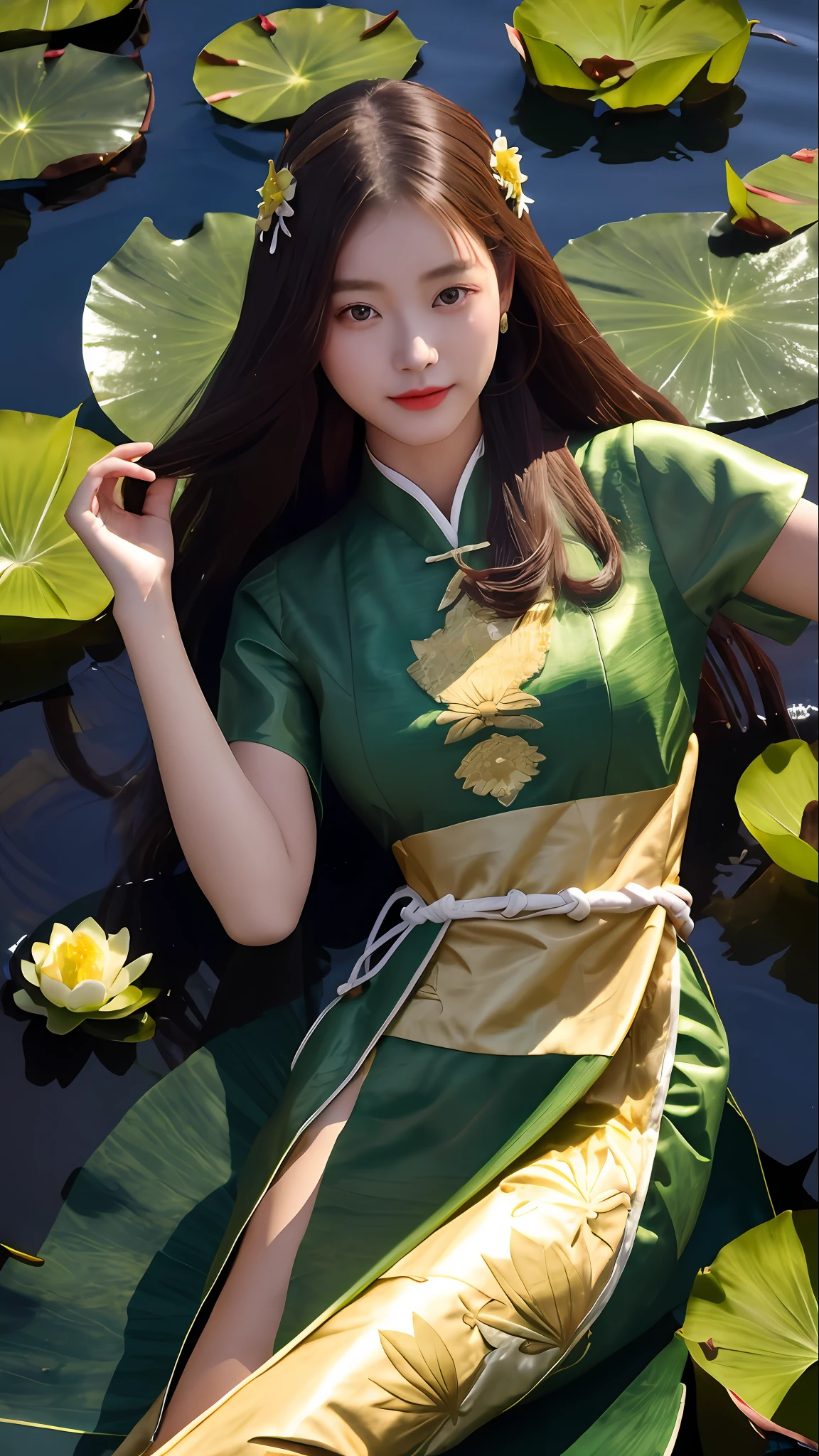 woman in green dress sitting on a lily covered body of water, inspired by Du Qiong, with acient chinese clothes, inspired by Lan Ying, inspired by Gu An, inspired by Ju Lian, anime girl cosplay, inspired by Huang Ji, palace ， a girl in hanfu, chinese costume, ruan jia and artgerm, inspired by Wu Li, hanfu