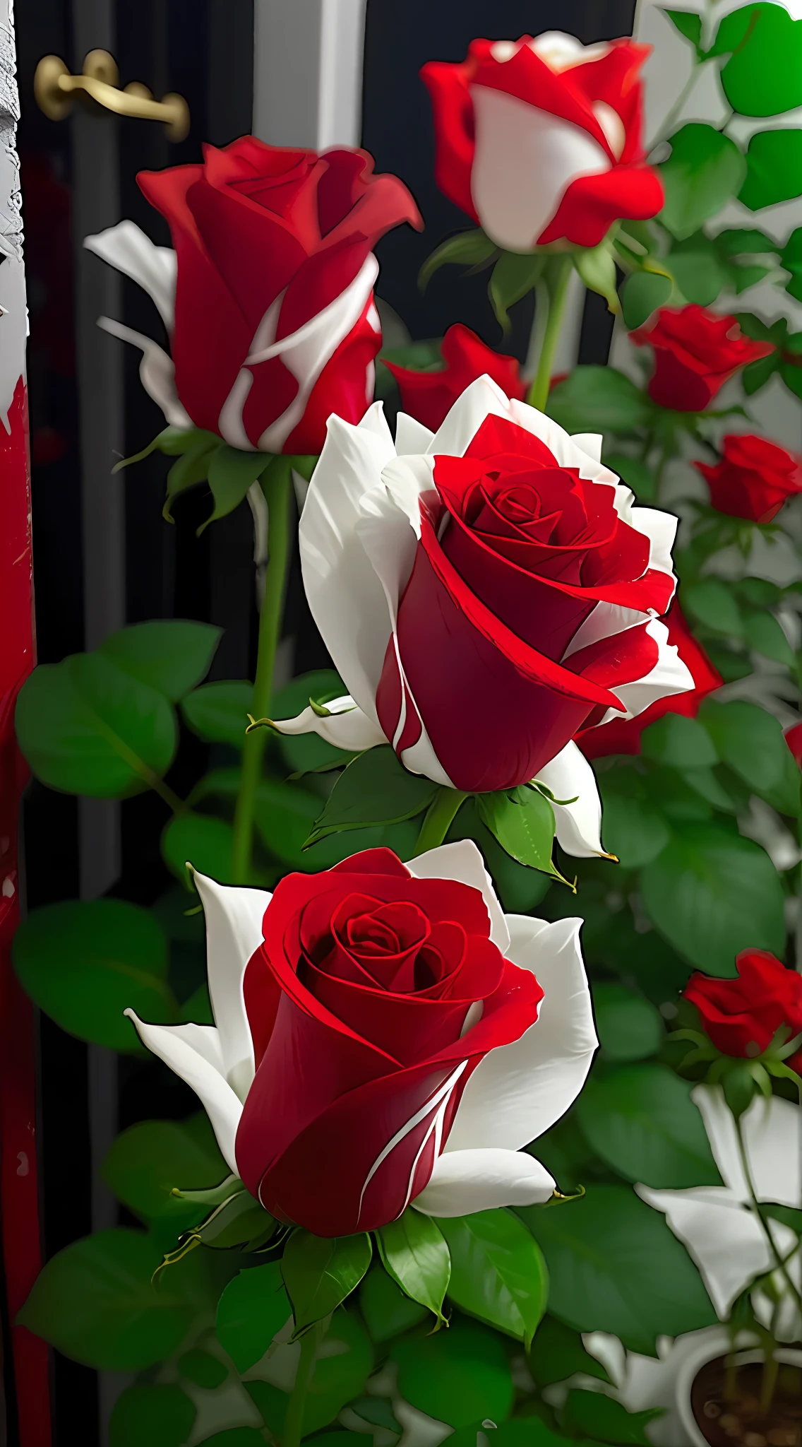 there are three red roses with white petals on them, white and red roses, red and white colors, red and white flowers, roses in cinematic light, red roses, red and white, a few roses, decorative roses, roses, rosses, black and white and red colors, black white and red colors, red and white and black colors, red rose