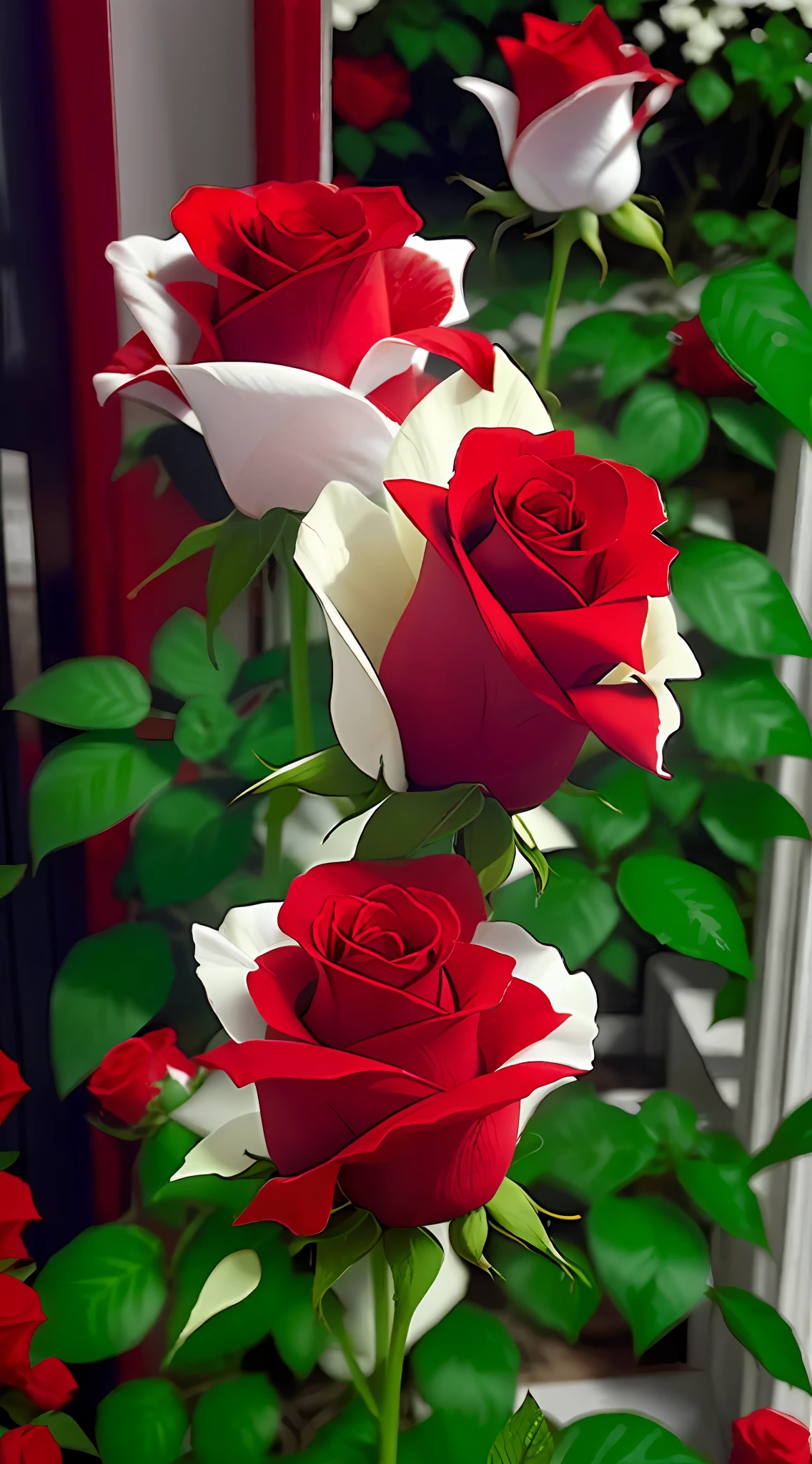 there are three red roses with white petals on them, white and red roses, red and white colors, red and white flowers, roses in cinematic light, red roses, red and white, a few roses, decorative roses, roses, rosses, black and white and red colors, black white and red colors, red and white and black colors, red rose