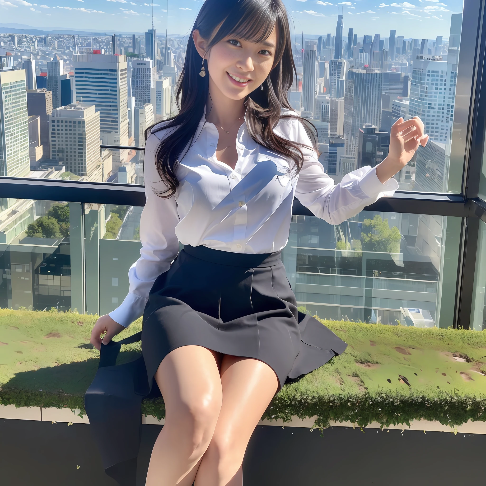 ((Best quality, 8k, Masterpiece :1.3)), Sharp focus :1.2, (Japanese announcer with perfect body), black long hair, clean and neat, smile, shirt, mini-skirt, TV studio, weather news, very large display showing city landscape, sitting on chair, Highly detailed face and skin texture,