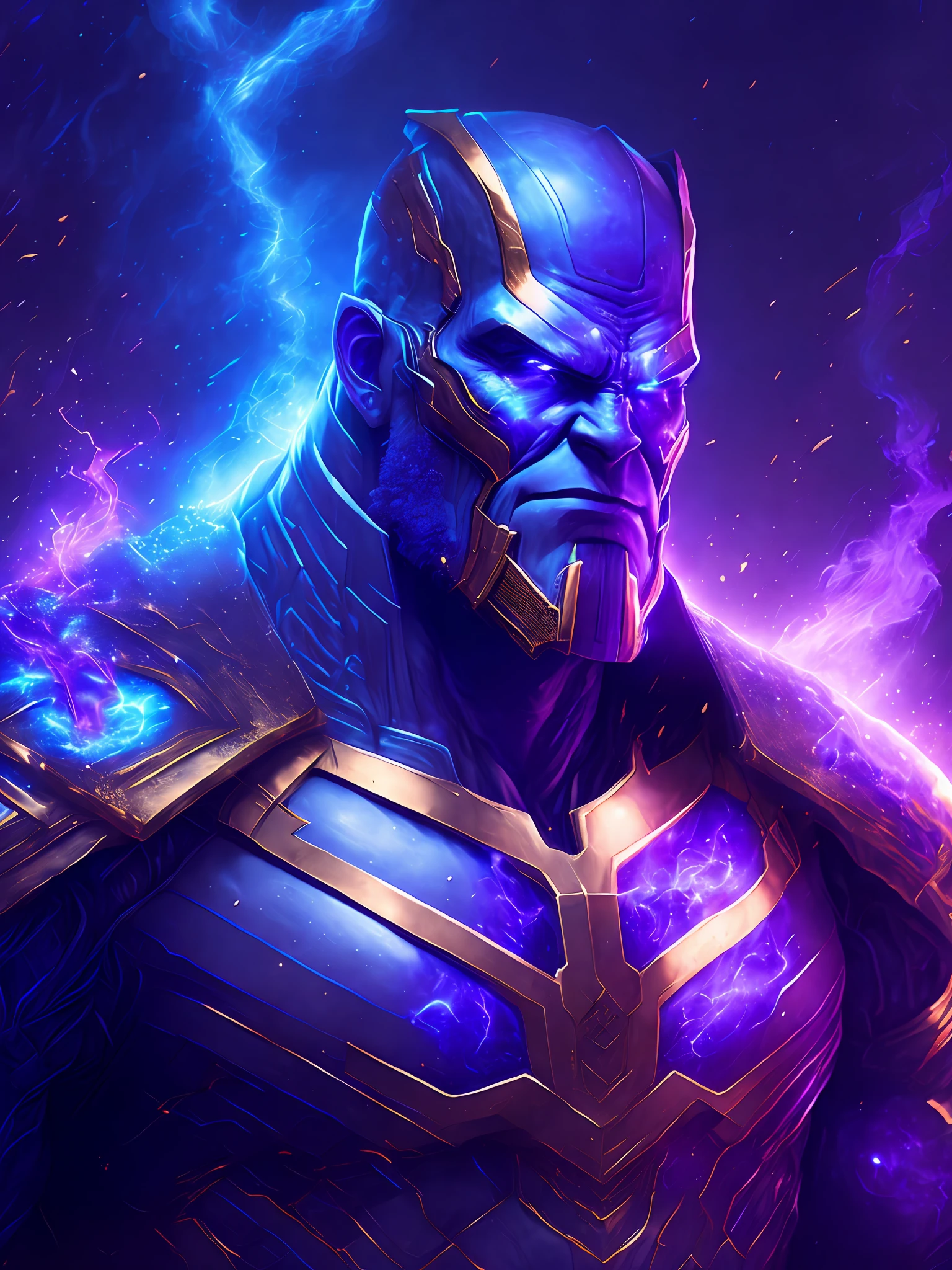 gloomy portrait of God Thanos from Marvel, extremely detailed, futuristic cityscape, nighttime, glowing neon lights, smoke, sparks, metal shavings, flying debris, blue energy effects, volumetric light