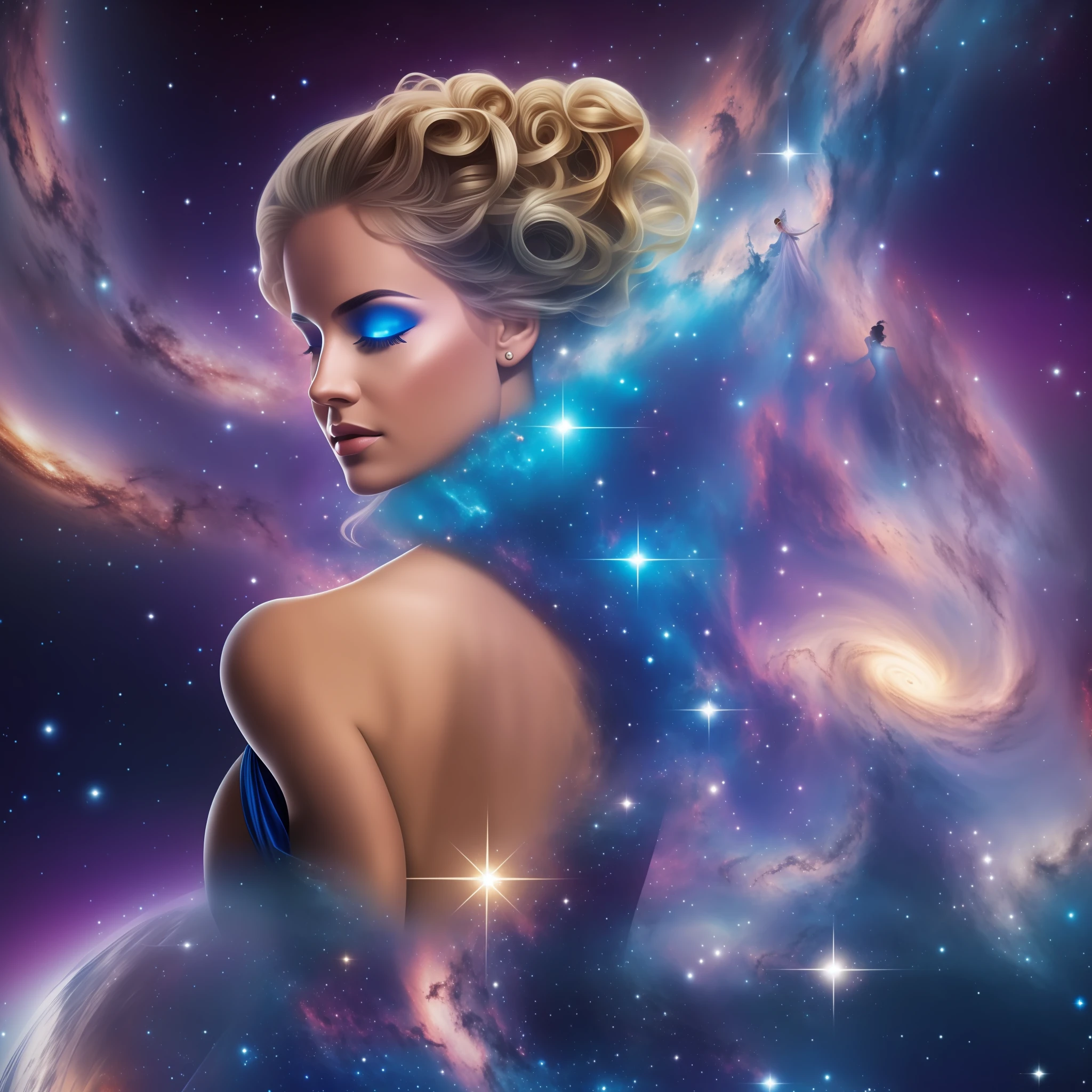 The whole figure is a view from the back of a woman in a dress with a blue dress, without a face, the back of the head, full-length, in a dress of stars, a blonde in a space dress, a goddess of space and time, a goddess of galaxies dressed in stars and planets, astral dress, a cosmic goddess, a magic dress, in space, a blue twisted dress, a beautiful celestial magician, a goddess of galactic size