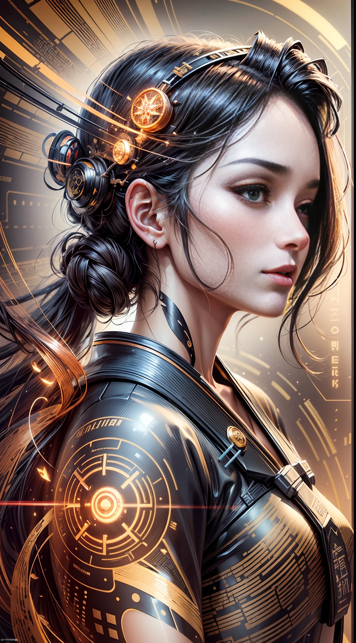 Hyperrealism detailed bio-fi genetic geisha transcendence belle Navigator, apical fashion, perfect face shading, aesthetics, light vanta black copper coating, blazing gold gloss, connecting glowing flowing hair, QR-Code Glyphs, radio active prismatic molecules, soft impressionist brush strokes, subtle sublime color, canvas texture, tight crop, muted colors, portrait painting, action pose, fill the whole picture, rich hyper details, vivid global light, 3D pristine 8K sleek, perfect inventor composition, realistic impressive shadow shading, WLOP, professional ominous concept art, an intricate, elegant, highly detailed digital painting, concept art, smooth, sharp focus, illustration, in the style of Jackson Pollock