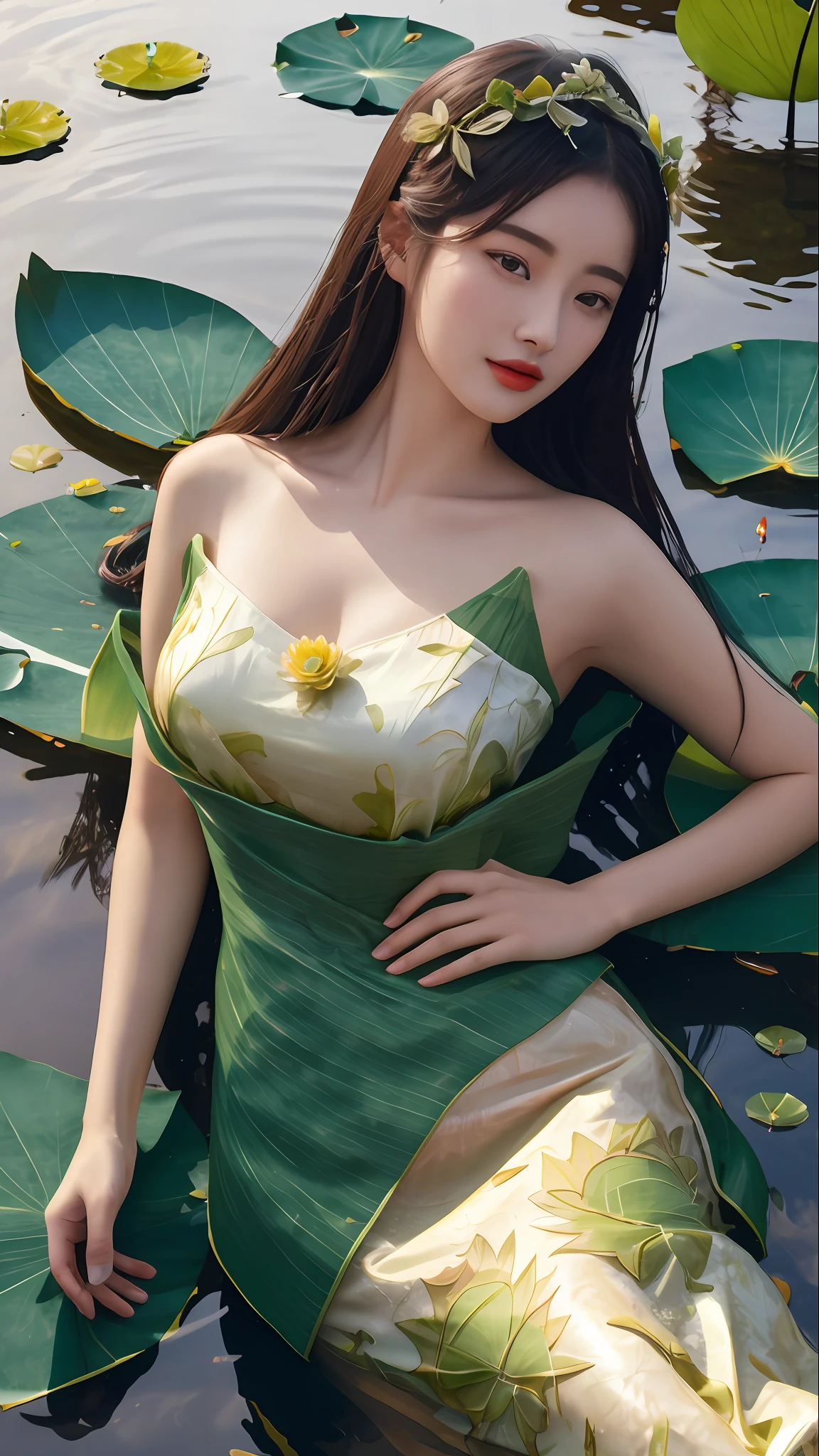 araffe woman in a green dress sitting in a pond of water, gorgeous chinese model, inspired by Lan Ying, waterlily mecha nymphaea, inspired by Chen Yifei, inspired by Xie Sun, inspired by Wu Bin, inspired by Ju Lian, by Leng Mei, cheongsam, inspired by Huang Ji, inspired by Qiu Ying