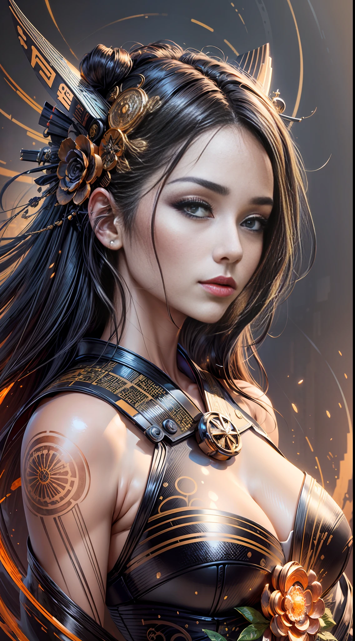 Hyperrealism detailed bio-fi genetic geisha transcendence belle Navigator, apical fashion, perfect face shading, aesthetics, light vanta black copper coating, blazing gold gloss, connecting glowing flowing hair, QR-Code Glyphs, radio active prismatic molecules, soft impressionist brush strokes, subtle sublime color, canvas texture, tight crop, muted colors, portrait painting, action pose, fill the whole picture, rich hyper details, vivid global light, 3D pristine 8K sleek, perfect inventor composition, realistic impressive shadow shading, WLOP, professional ominous concept art, an intricate, elegant, highly detailed digital painting, concept art, smooth, sharp focus, illustration, in the style of Jackson Pollock