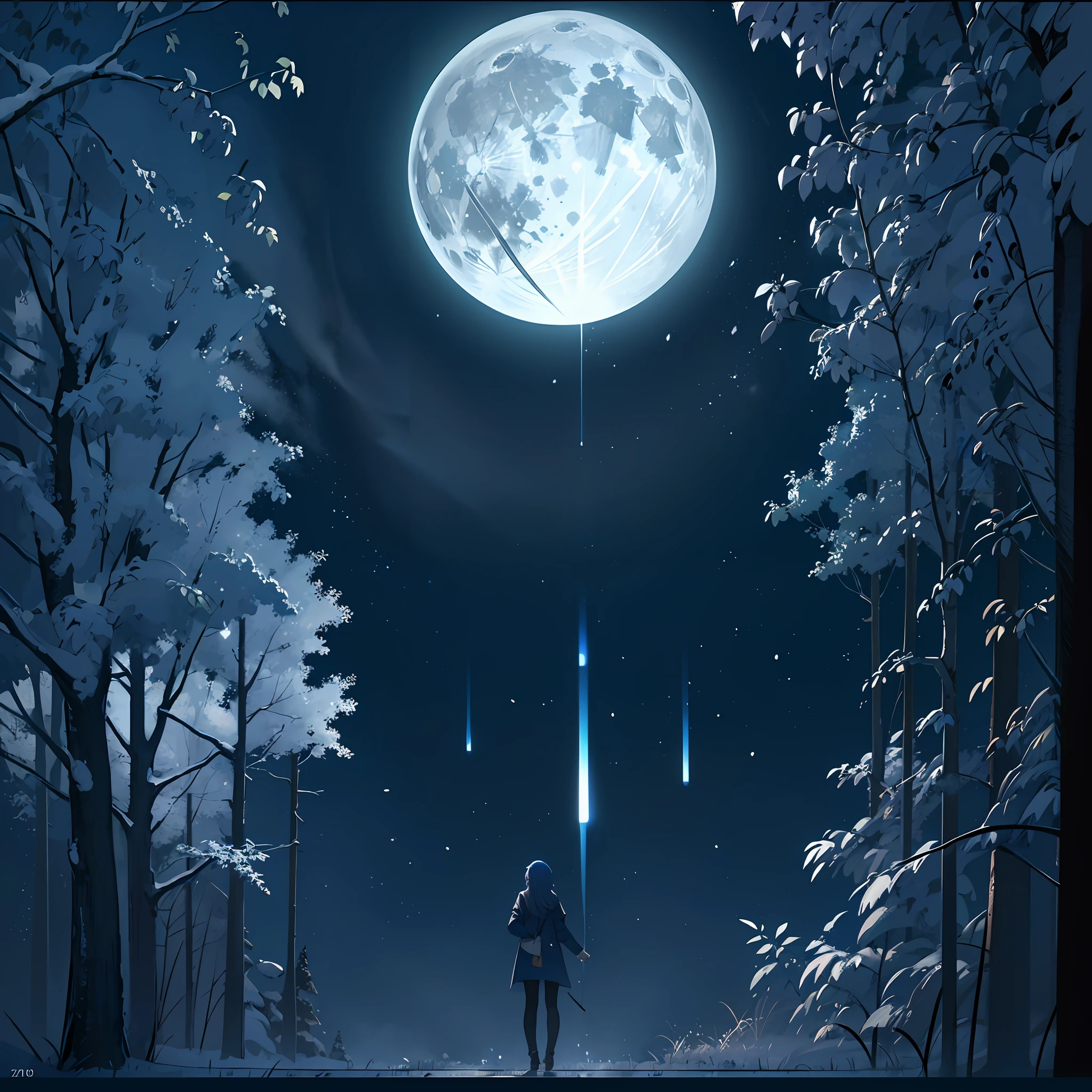 A Blue Forest Landscape, Large full moon in background, chiaroscuro, hyperrealism, luminism, hd, very detailed, 4k, 8k, shot on a Nikon Z7 II and Nikon NIKKOR Z 105mm f/2.8 VR S, best quality, (detailed face, detailed eyes, detailed pupils, detailed clothes and features, clear background) --auto --s2