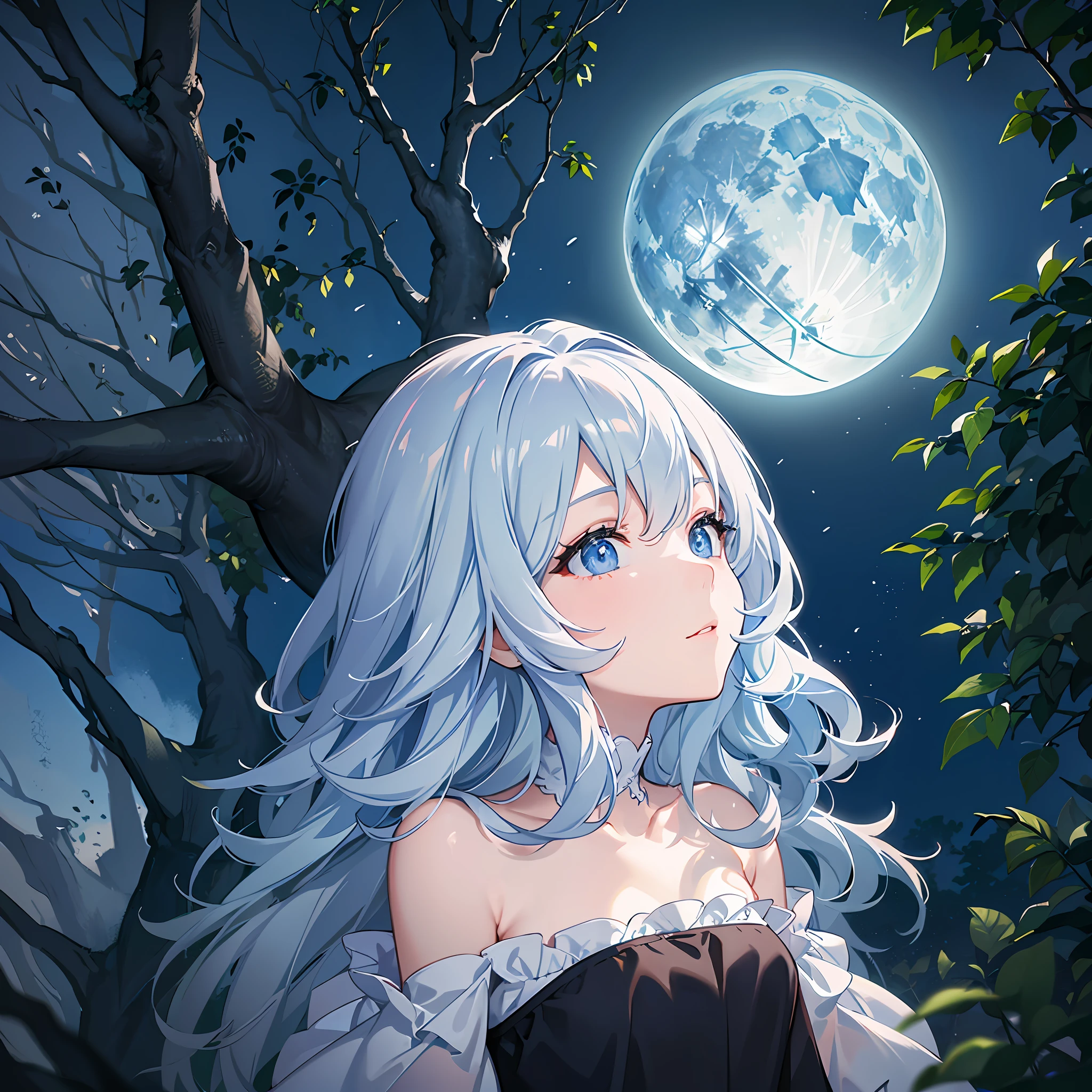 A Blue Forest Landscape, Large full moon in background, chiaroscuro, hyperrealism, luminism, hd, very detailed, 4k, 8k, shot on a Nikon Z7 II and Nikon NIKKOR Z 105mm f/2.8 VR S, best quality, (detailed face, detailed eyes, detailed pupils, detailed clothes and features, clear background) --auto --s2