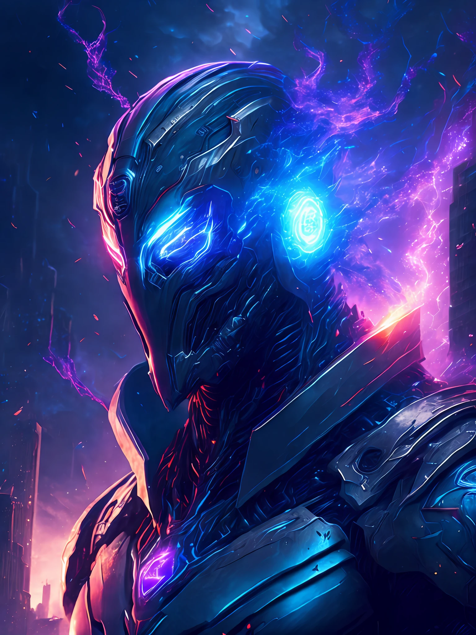 gloomy portrait of God Ultron from Marvel, extremely detailed, futuristic cityscape, nighttime, glowing neon lights, smoke, sparks, metal shavings, flying debris, blue energy effects, volumetric light