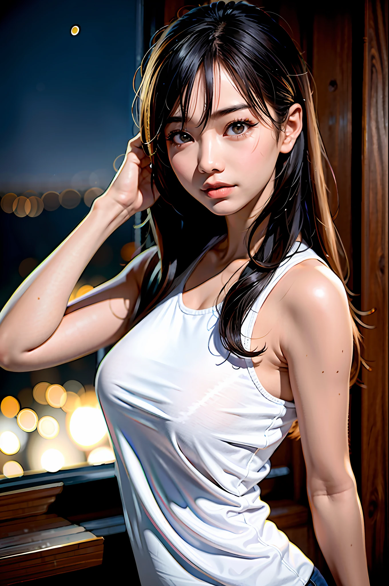 On a mountain with night view, Asian woman around 30 years old, bronze hair, cool eyes, sharp eyebrows, white tank top, protruding breasts