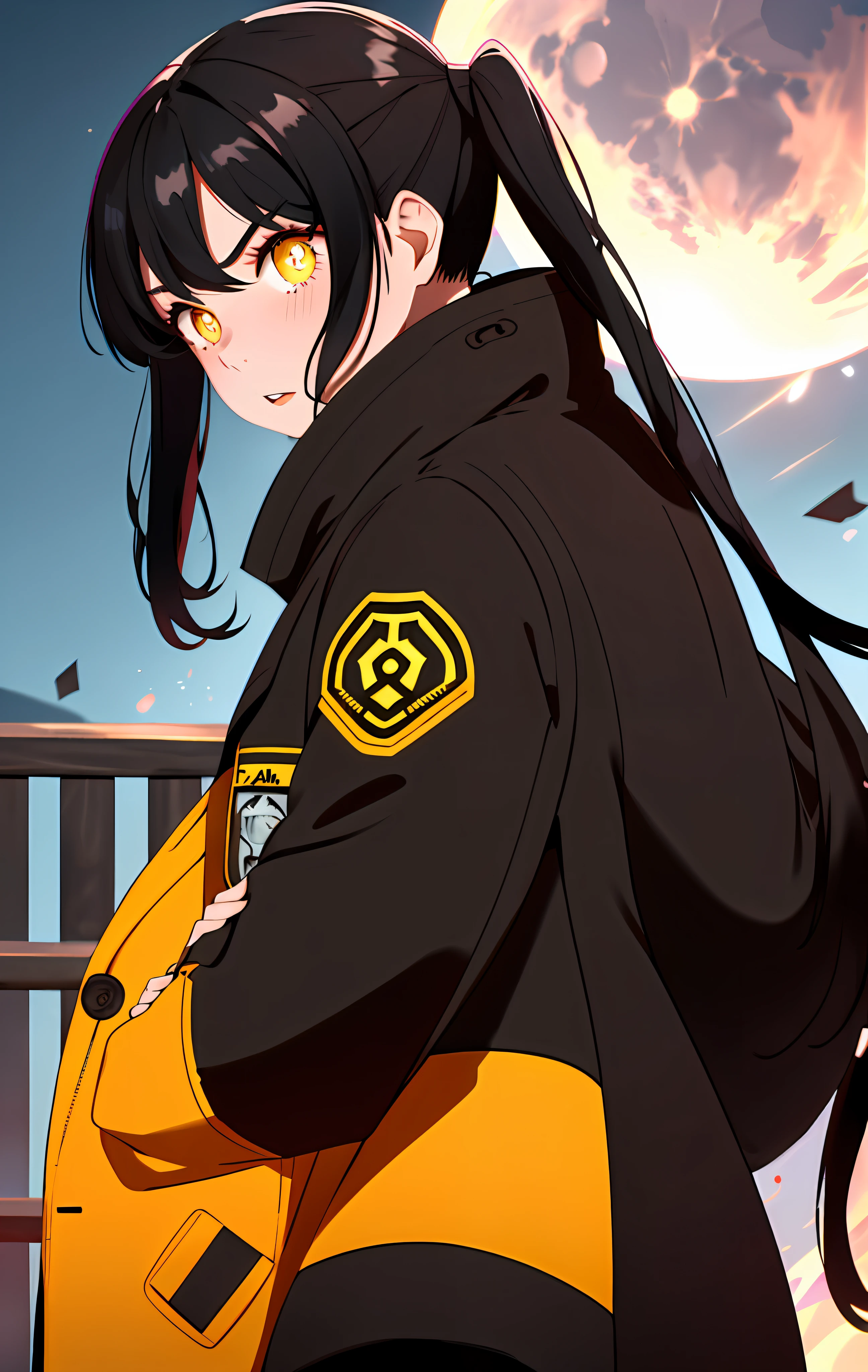 Tamaki \(fire force\), 1girl, bangs, black hair, colored tips, close up, from side, yellow eyes, jacket, long sleeves, looking at viewer, long hair, moon, black hair, parted bangs, parted lips, black hair, portrait, red eyeliner, red lips, solo, white jacket, full body, standing