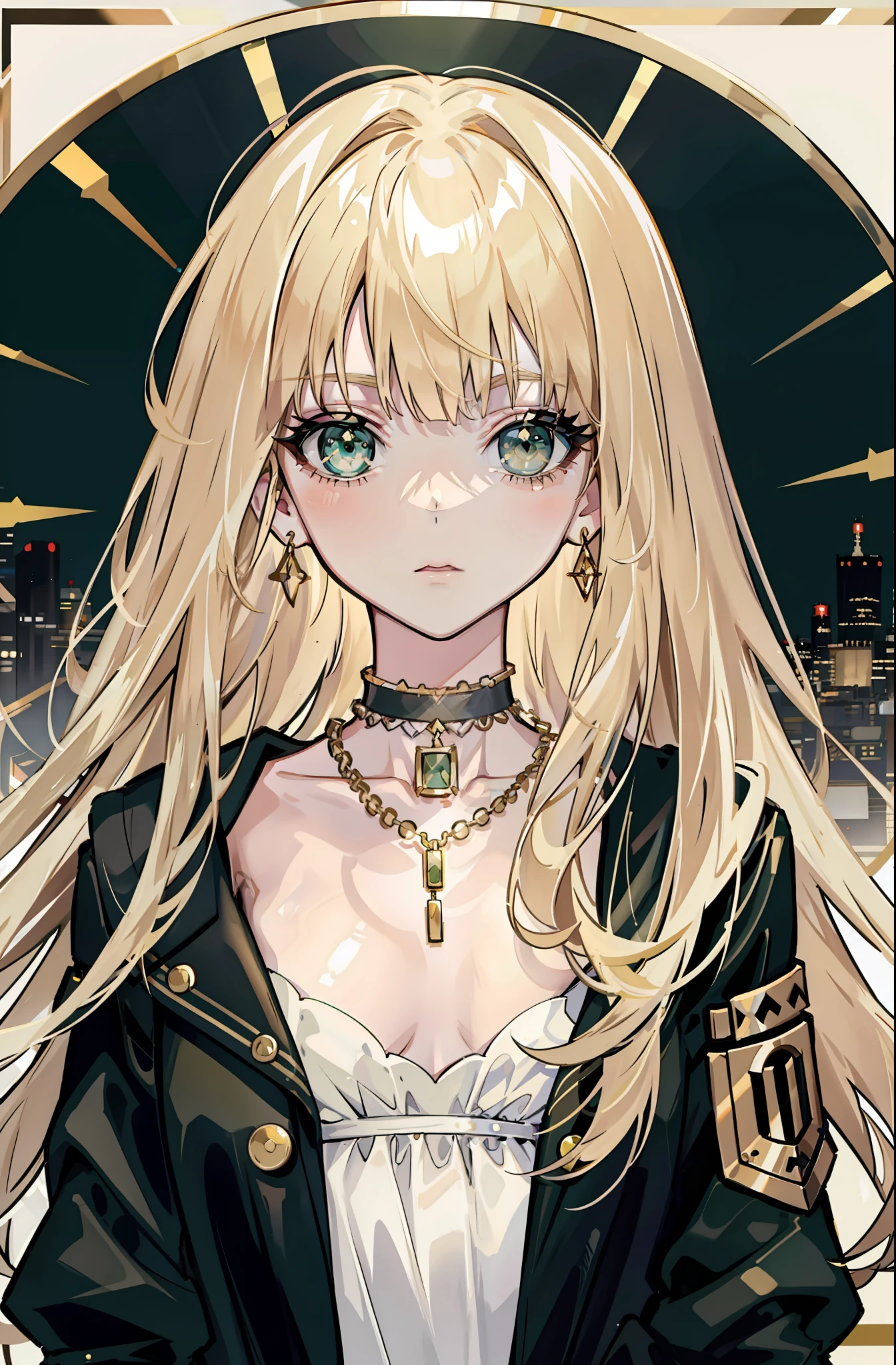 1girl, jewelry, earrings,, solo, long hair, blonde beige hair, messy hair, long hair bangs, green beautiful eyes, beautiful detailed eyes, looking at viewer, expressionless, closed mouth, necklace, choker, portrait, bangs, black jacket, upper body,bad-girl, small breasts, backlight, beautiful lightning