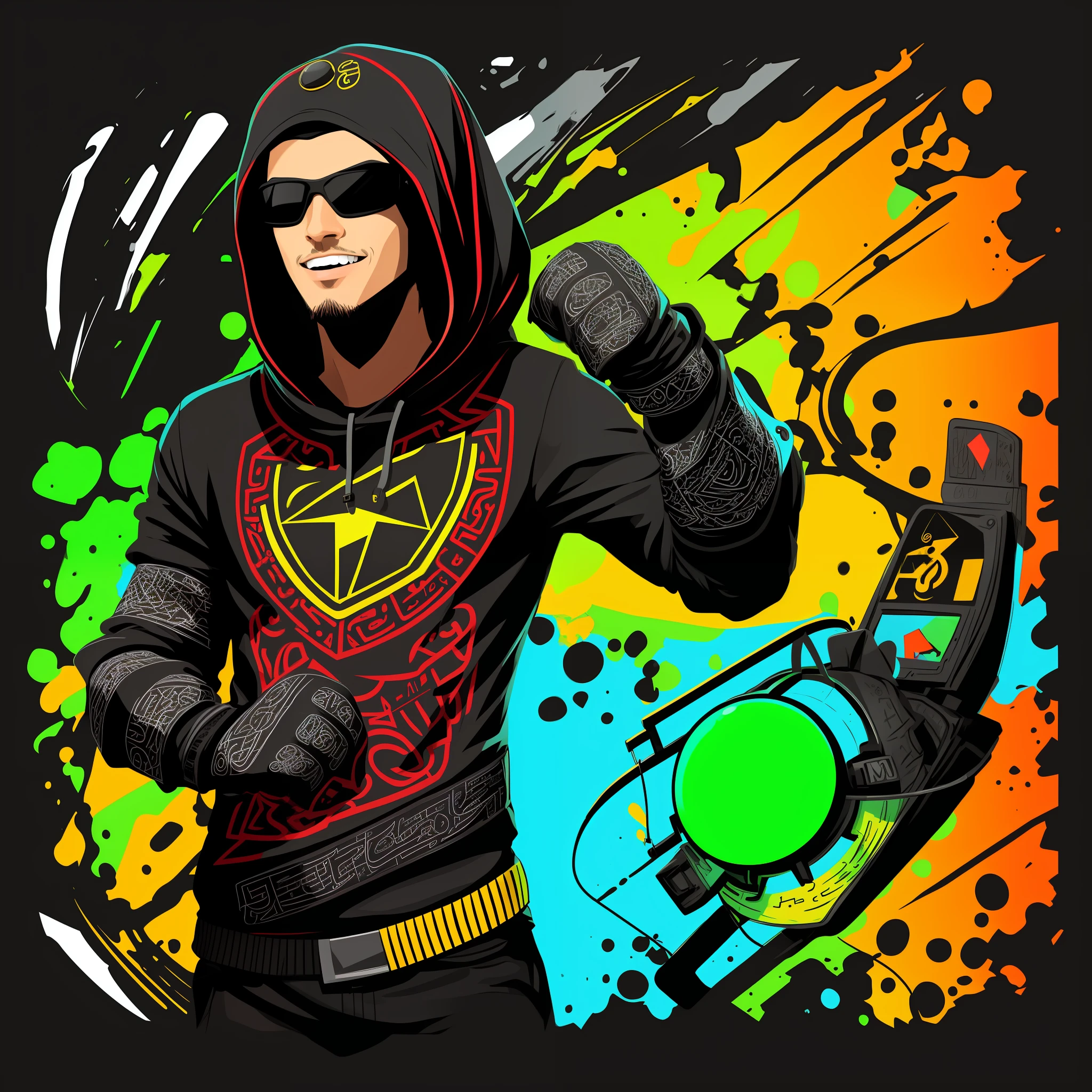 Vector design for a tshirt on a black background. Design includes ::gamer::, dressed in Moroccan, realistic, punkcore, bright colors, detailed design, pixar, colorful