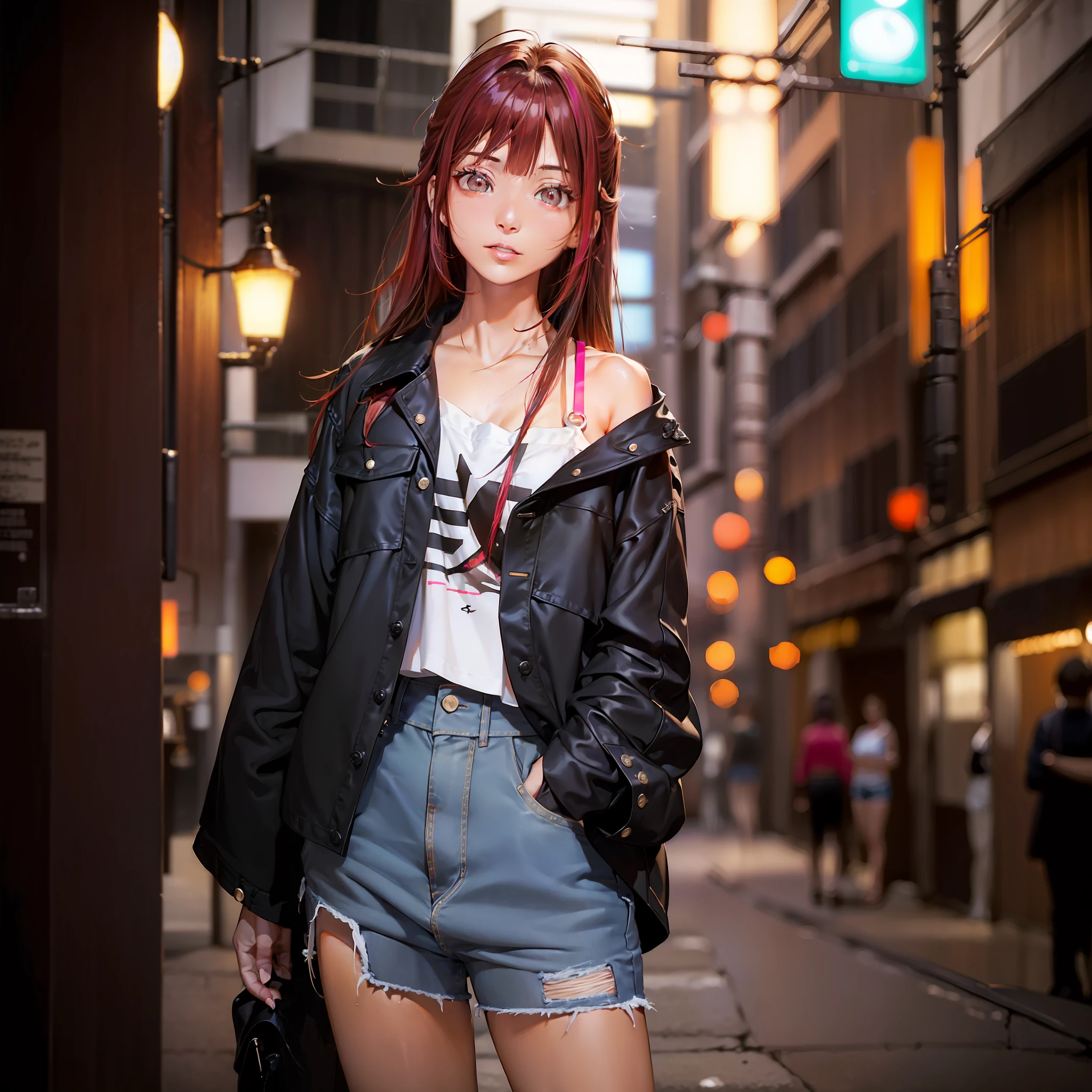 (menina japonesa de cabelos brancos:1.2,olhos vermelhos:1.1),shorts jeans:0.9,camisa preta:0.8,péle branca:1.1,night scene,(neon lights+streetlight:1.2),high saturation,emphasize the expression and posture of the girl --auto --s2