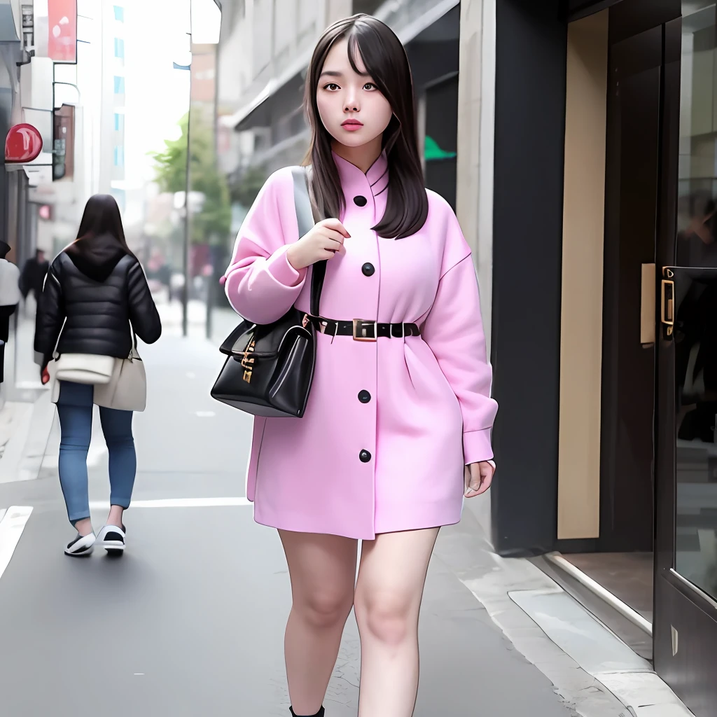 Wang Mengyao, a 20-year-old woman, plump, walking on the street, dressed stylishly