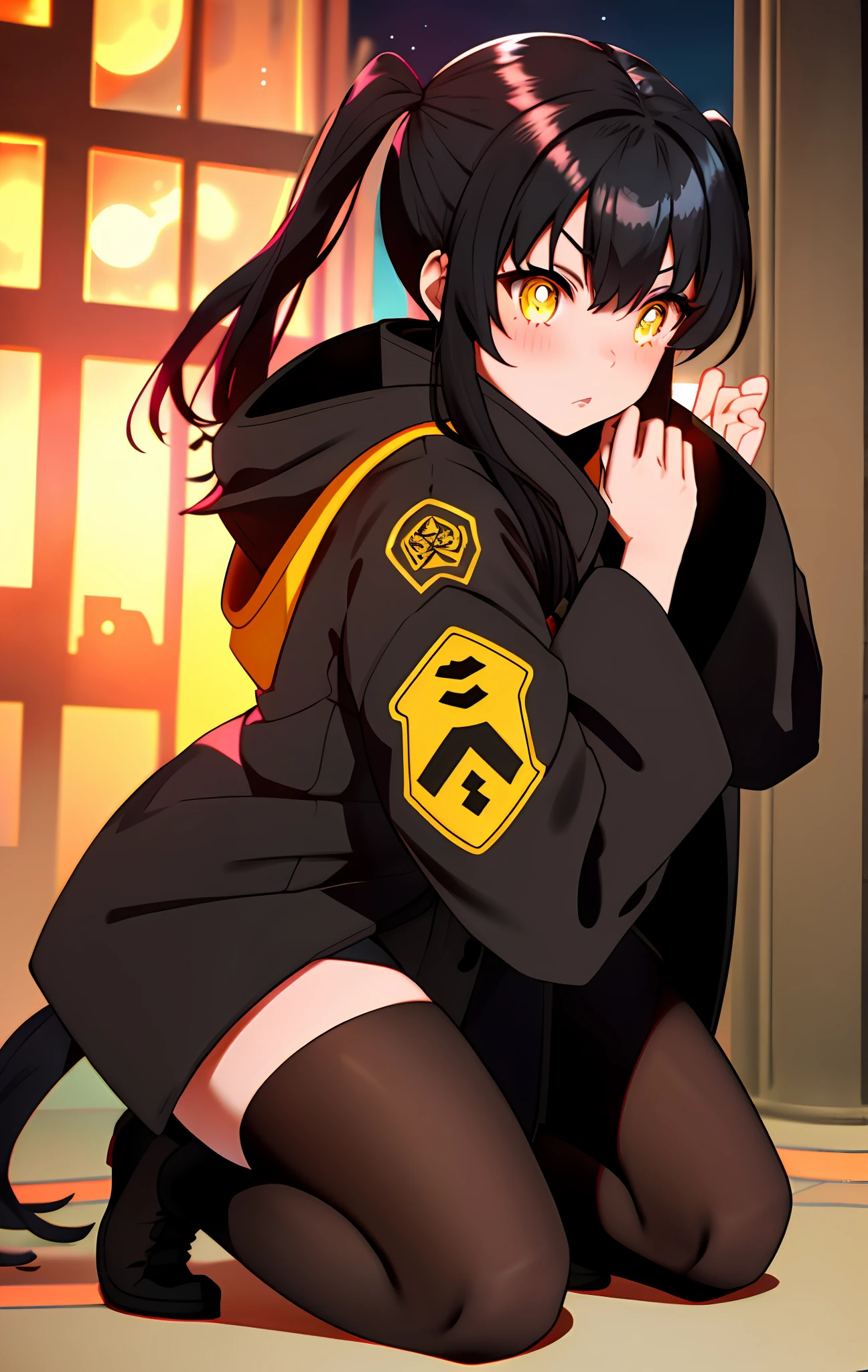 Tamaki \(fire force\), 1girl, bangs, black hair, colored tips, close up, from behind, yellow eyes, jacket, long sleeves, looking at viewer, long hair, moon, black hair, parted bangs, parted lips, black hair, full body, red eyeliner, red lips, solo, white dress, full body, kneeling, seiza sitting, pantyhose