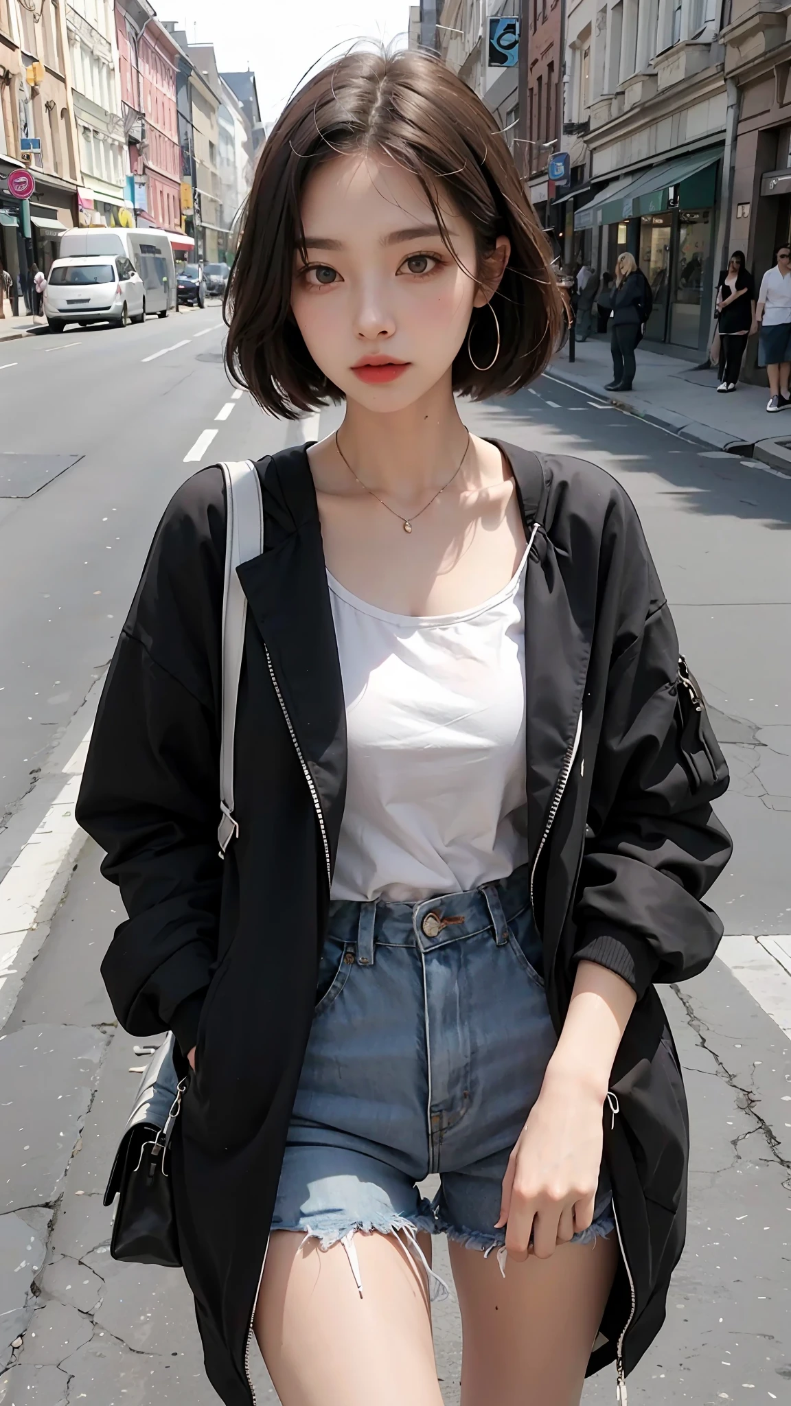 Beautiful woman, fiddling with cell phone in the middle of the street, short clothes