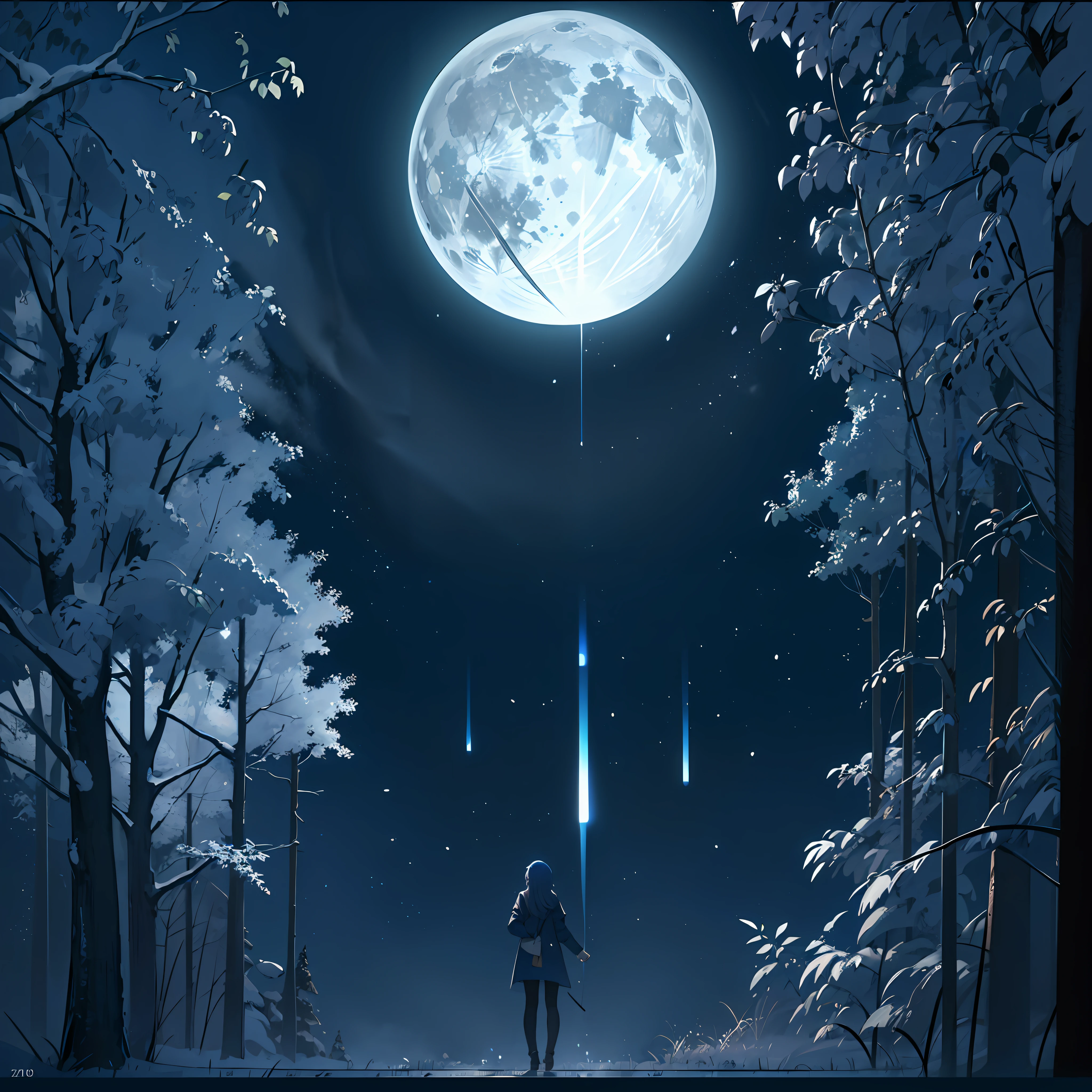 A Blue Forest Landscape, Large full moon in background, chiaroscuro, hyperrealism, luminism, hd, very detailed, 4k, 8k, shot on a Nikon Z7 II and Nikon NIKKOR Z 105mm f/2.8 VR S, best quality, (detailed face, detailed eyes, detailed pupils, detailed clothes and features, clear background) --auto --s2
