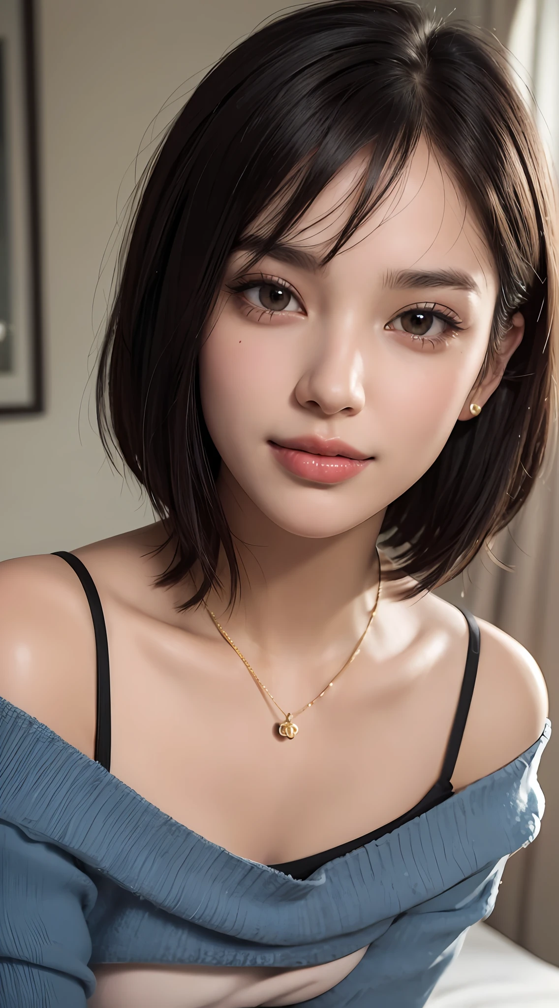 (top quality, 8k, masterpiece: 1.3), pretty woman with perfect figure: 1.4, dark brown hair, big, wearing pendants, torn shorts, sleeping in bedroom, very detailed face and skin, detailed eyes, double eyelids, top quality, masterpiece, (photorealistic: 1.4), one woman, golden ratio, high angle shot, upper eye care, low angle shot, perfect face, beautiful figure, cute face, face close-up, zoom in on face, short bob, short hair, smile from different angles, smile, gloss, highlight, gloss, glossy on skin, glossy on skin, wet skin, wet, bangs, cute smile, bust, off-shoulder, refreshing charm, elegant, perfect hands, smile from angle, smile, shiny, highlight, glossy skin, bangs, bust, big, Warm off-shoulder, refreshing charm, ears out, gaze to the camera, poses at different angles