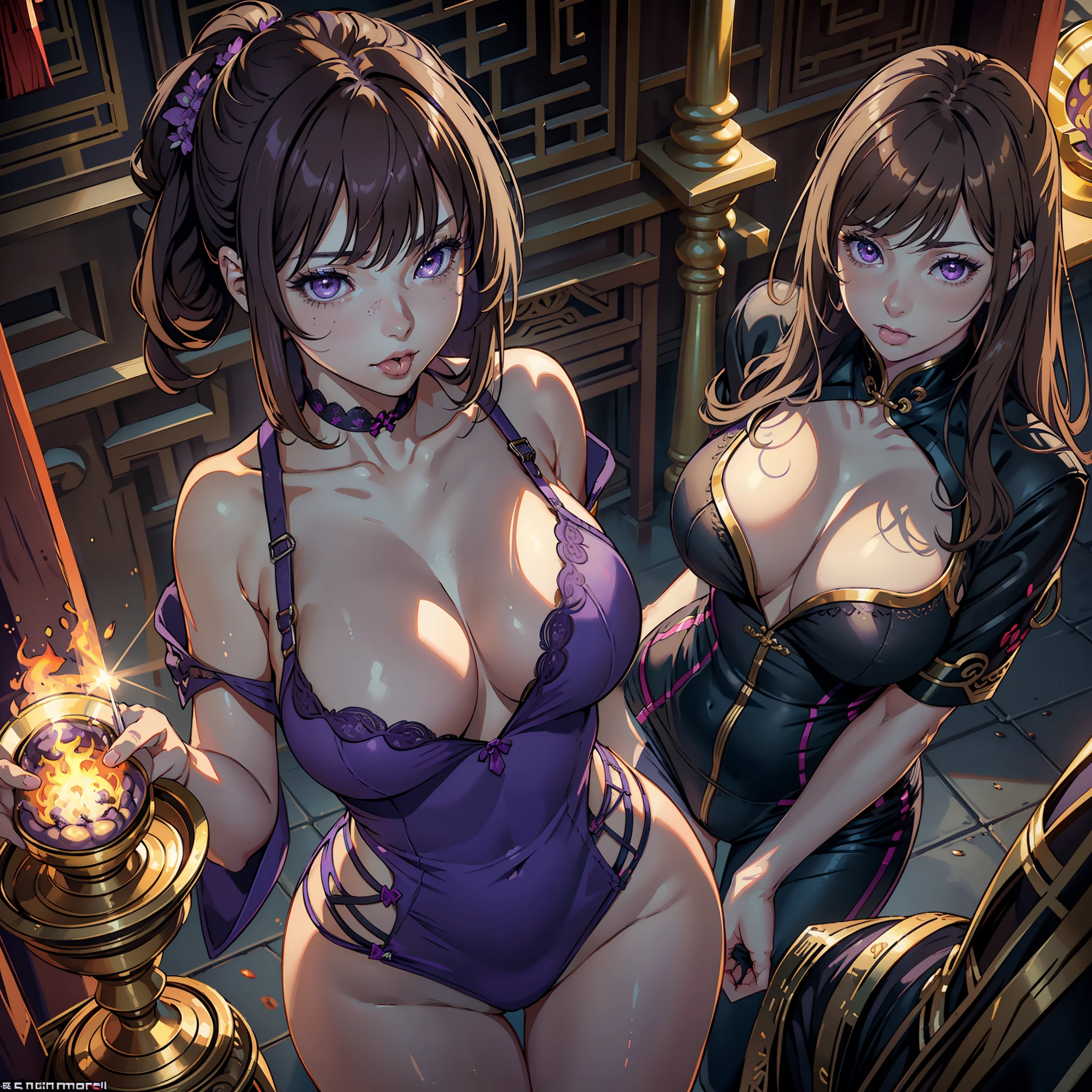 ((realistic: 1.5)),((best quality)), ((masterpiece)),((detailed)), female, light brown hair ,
 bangs, purple eyes, cross-shaped pupils,
focus on face, mocking expression, tongue out, purple tongue long legs, curves, medium breasts, cleavage, casual wear, wide hips, long eyelashes,
fire aura around chinese temple