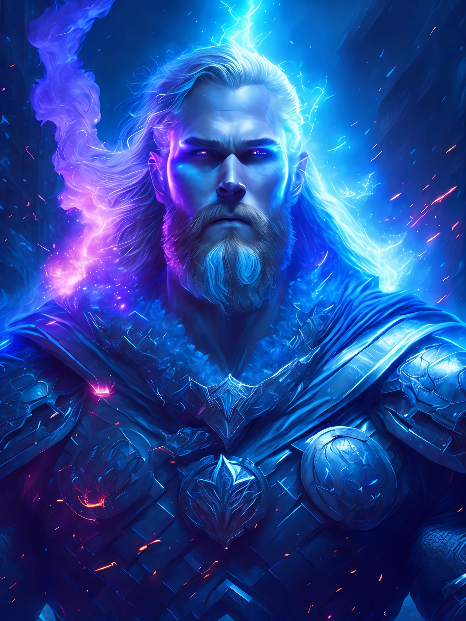 gloomy portrait of God Thor from Marvel, extremely detailed, futuristic cityscape, nighttime, glowing neon lights, smoke, sparks, metal shavings, flying debris, blue energy effects, volumetric light