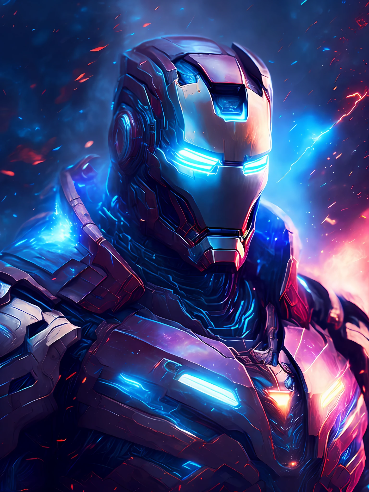 gloomy portrait of God Iron Man from Marvel, extremely detailed, futuristic cityscape, nighttime, glowing neon lights, smoke, sparks, metal shavings, flying debris, blue energy effects, volumetric light